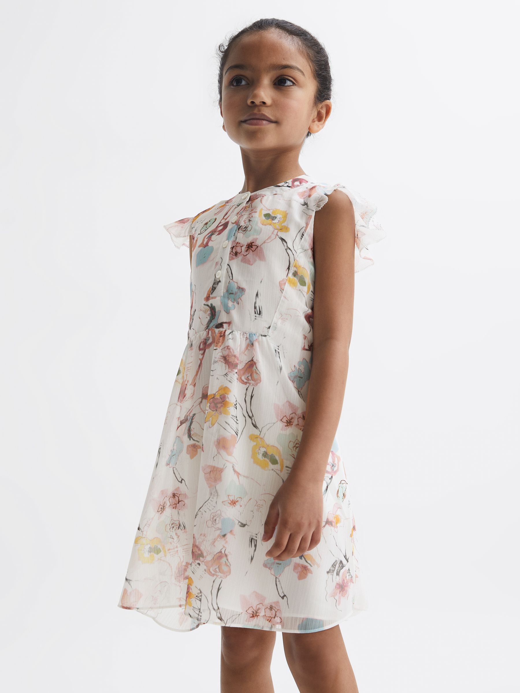 4-9 yrs Floral Print Collarless Dress in Ivory Print - Image 1 of 6 4-9 yrs Floral Print Collarless Dress in Ivory Print - Image 1 of 6