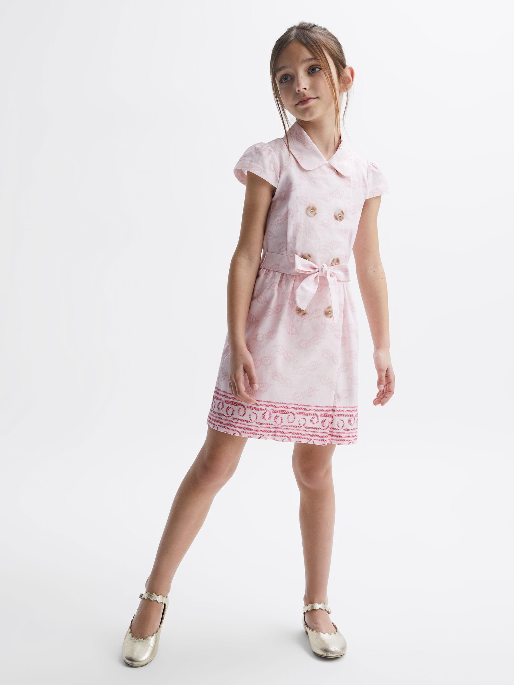 9-12 yrs Cap Sleeve Double Breasted Dress in Pink Print - Image 1 of 8