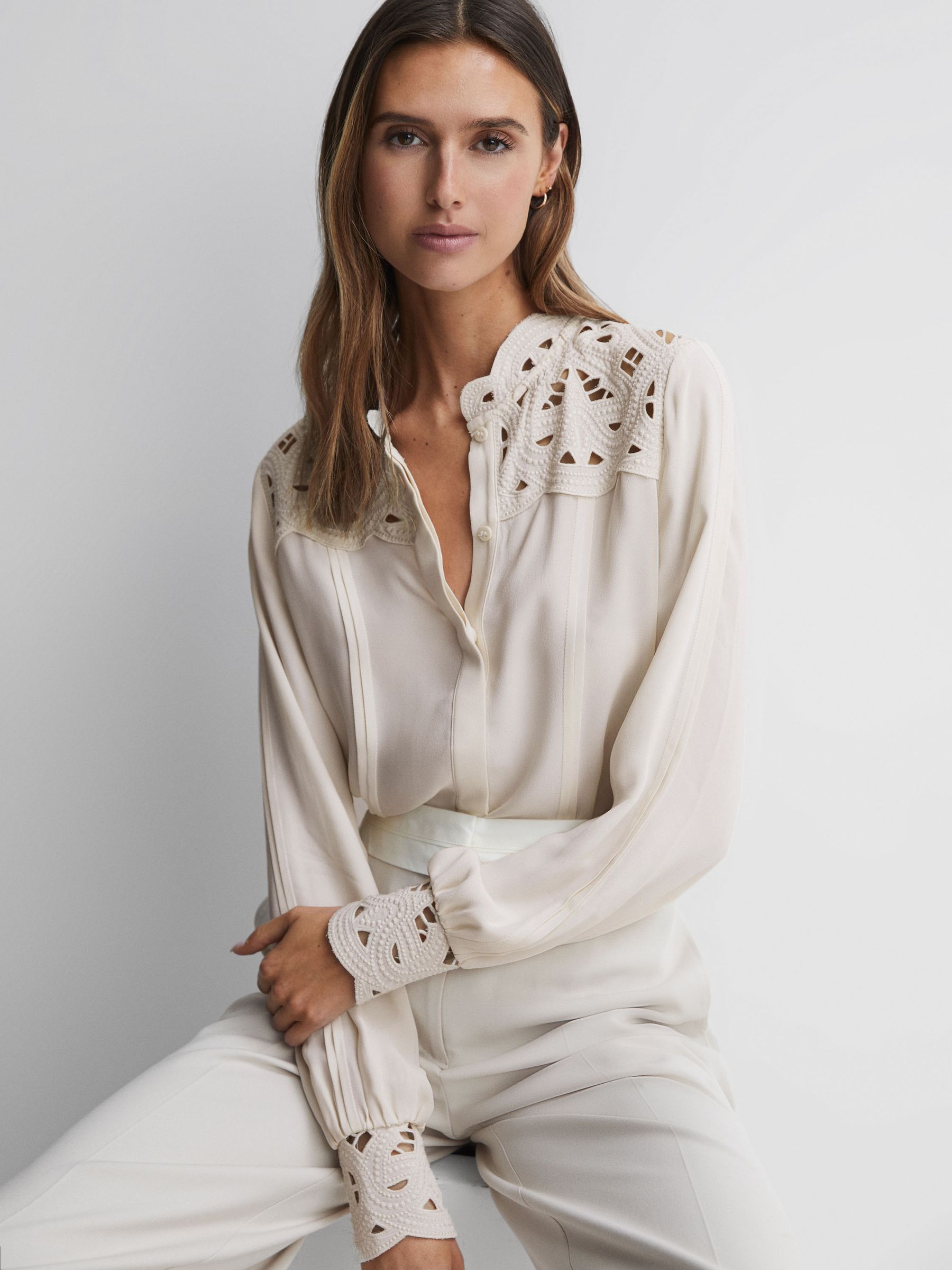 Lace Cut-Out Blouse in Ivory - Image 1 of 5
