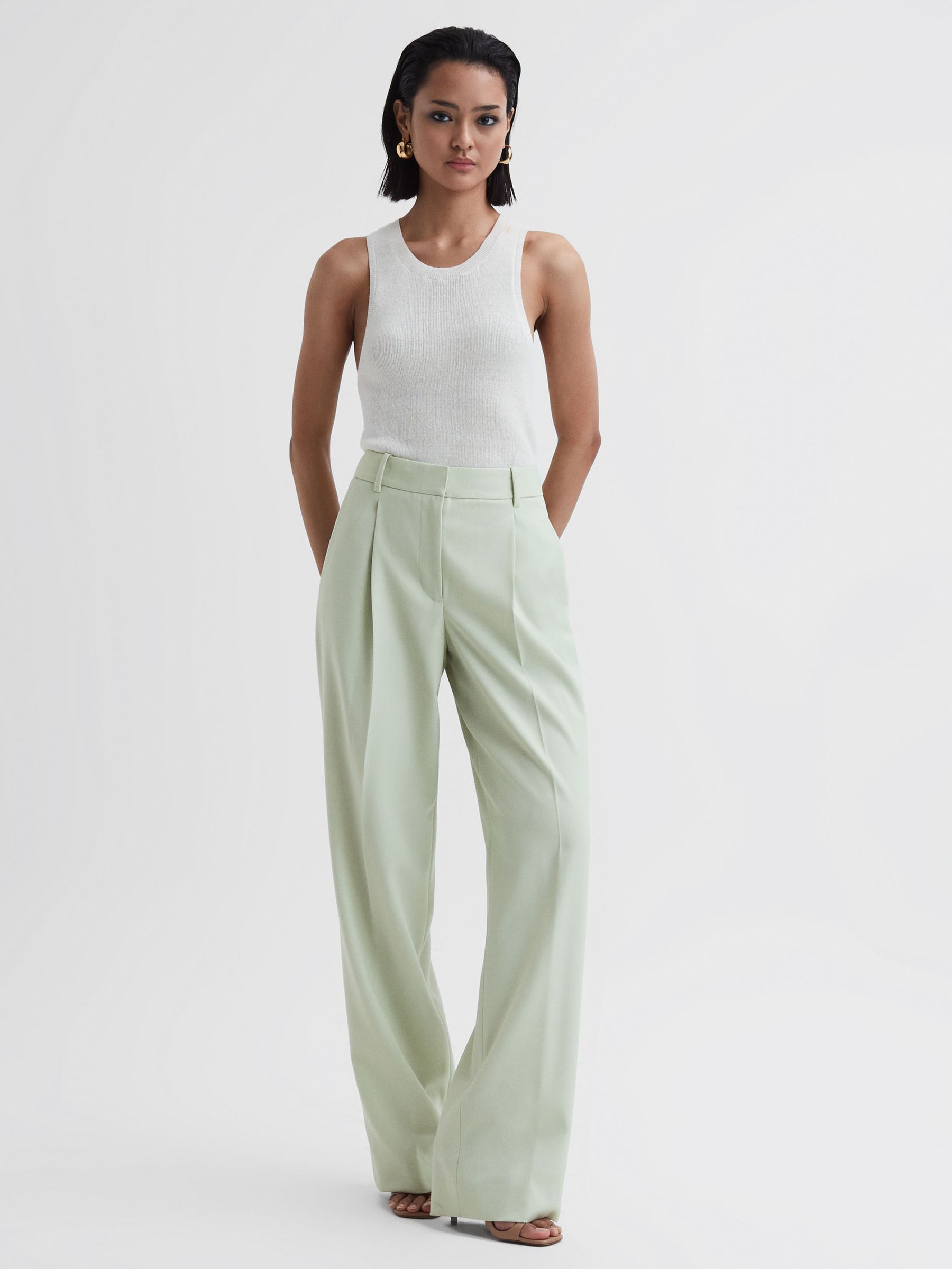 Wide Leg Wool Blend Trousers in Green - Image 1 of 5