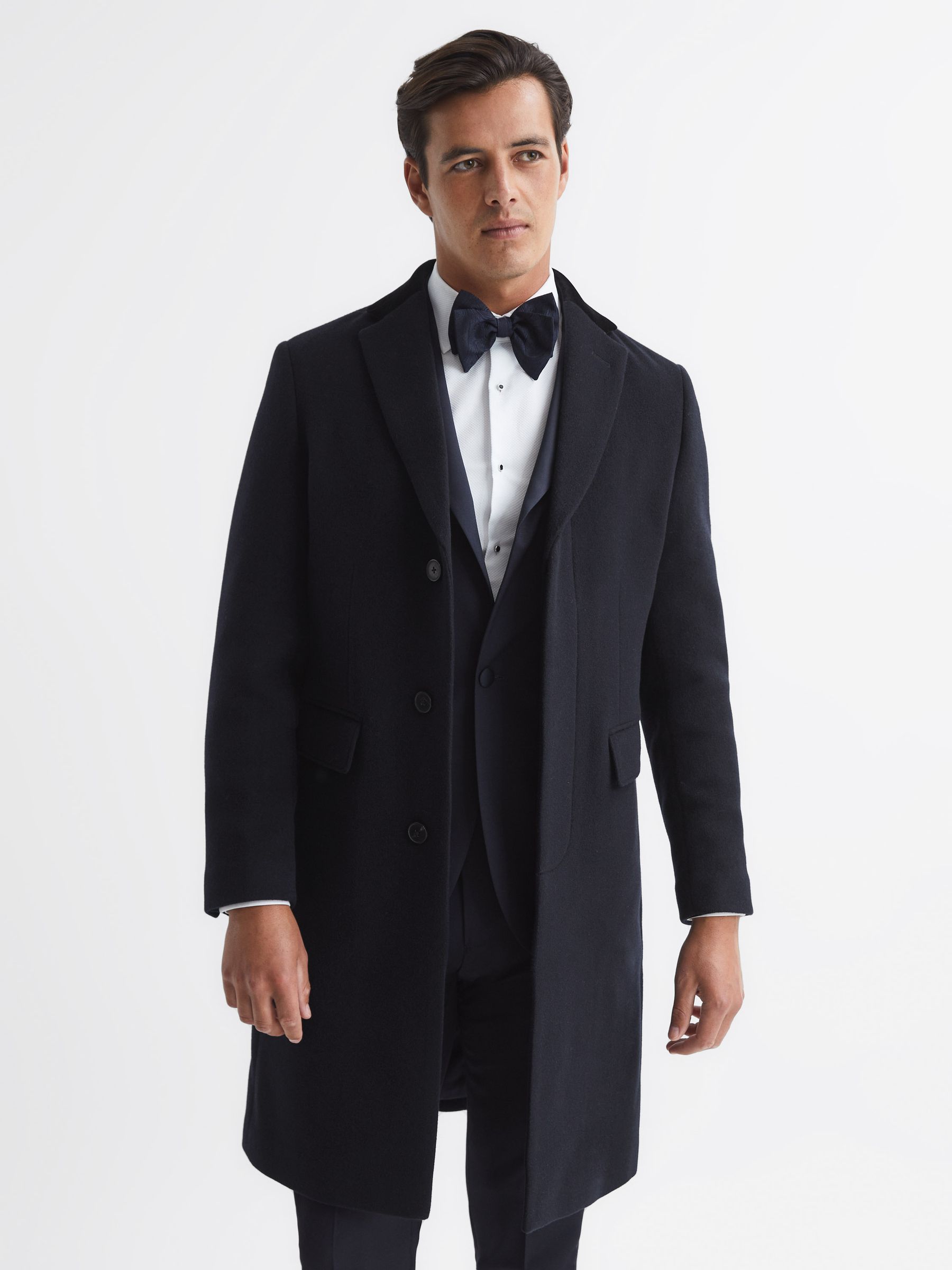 Slim Fit Velvet Collar Coat in Navy - Image 1 of 7