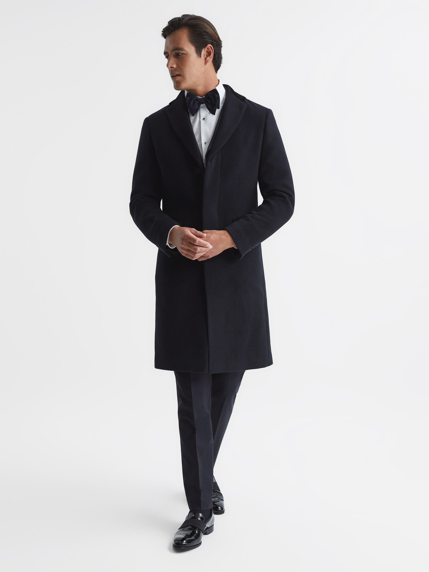 Slim Fit Velvet Collar Coat in Navy - Image 3 of 7