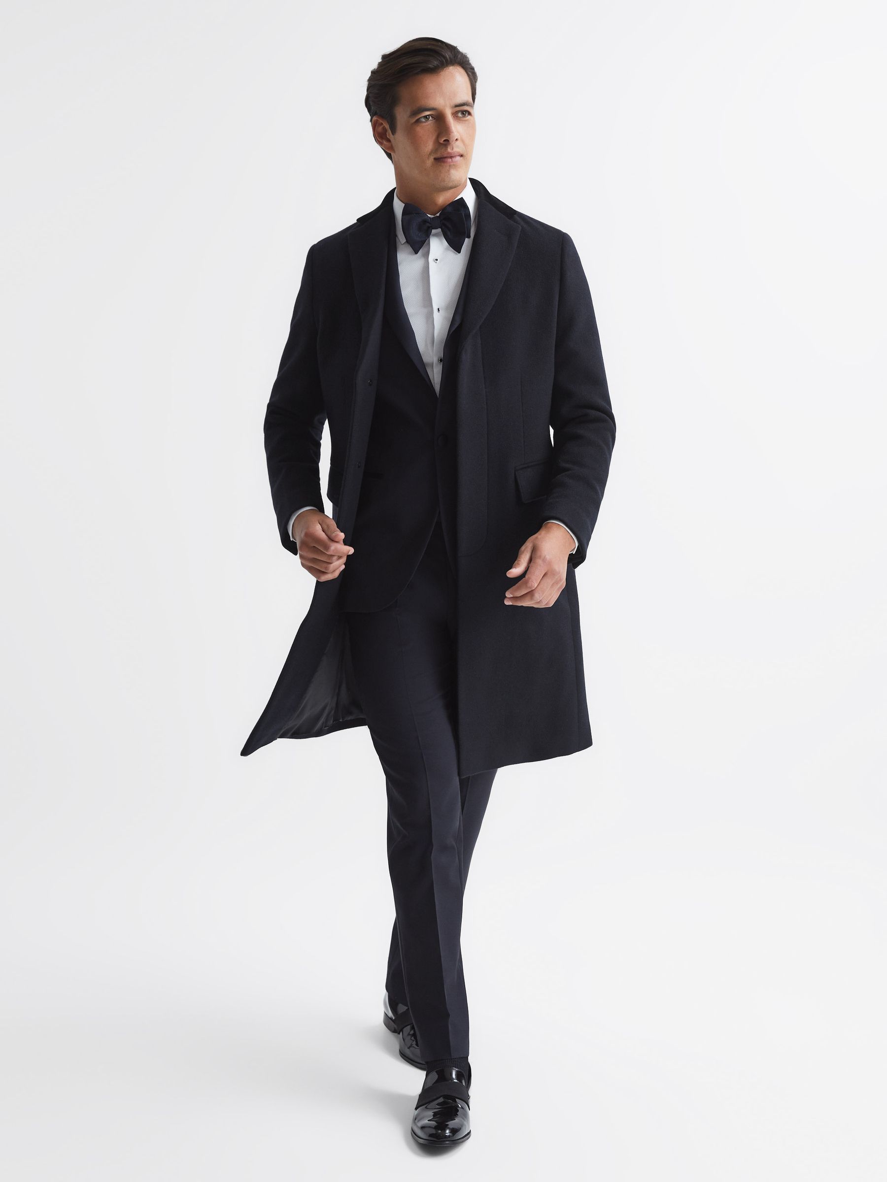 Slim Fit Velvet Collar Coat in Navy - Image 6 of 7
