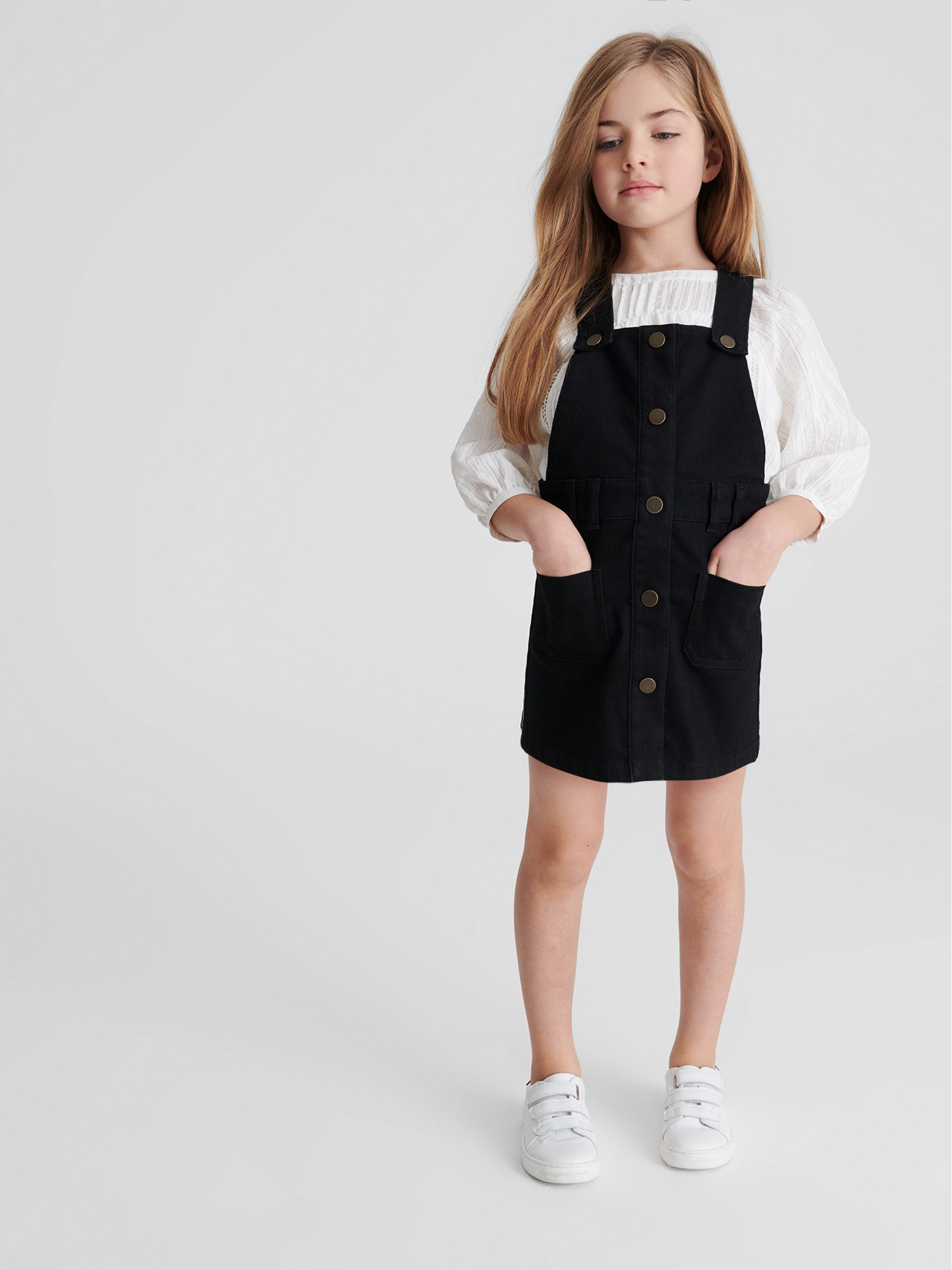 Denim Dungaree Dress in Black - Image 1 of 6