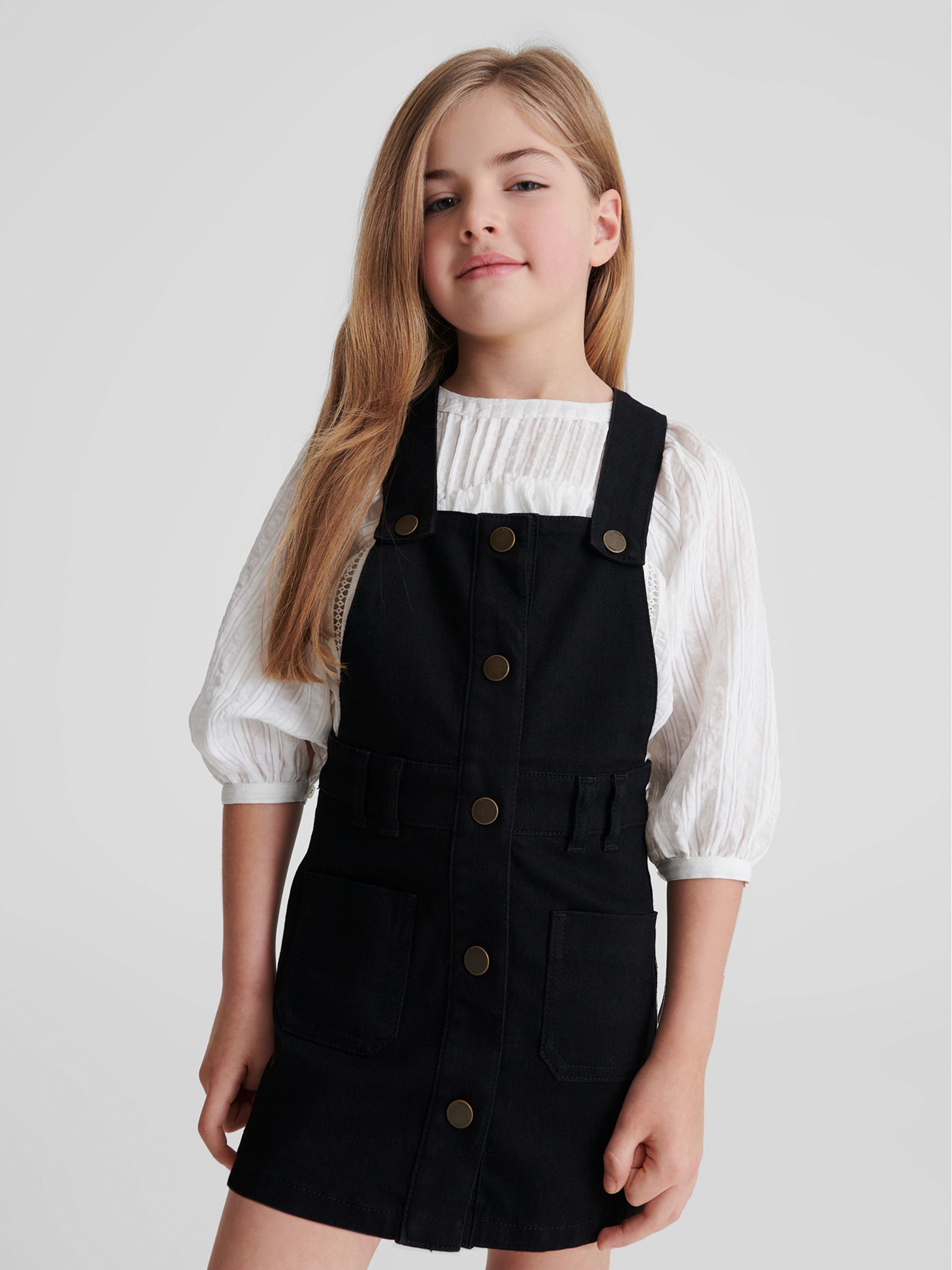 Denim Dungaree Dress in Black - Image 3 of 6
