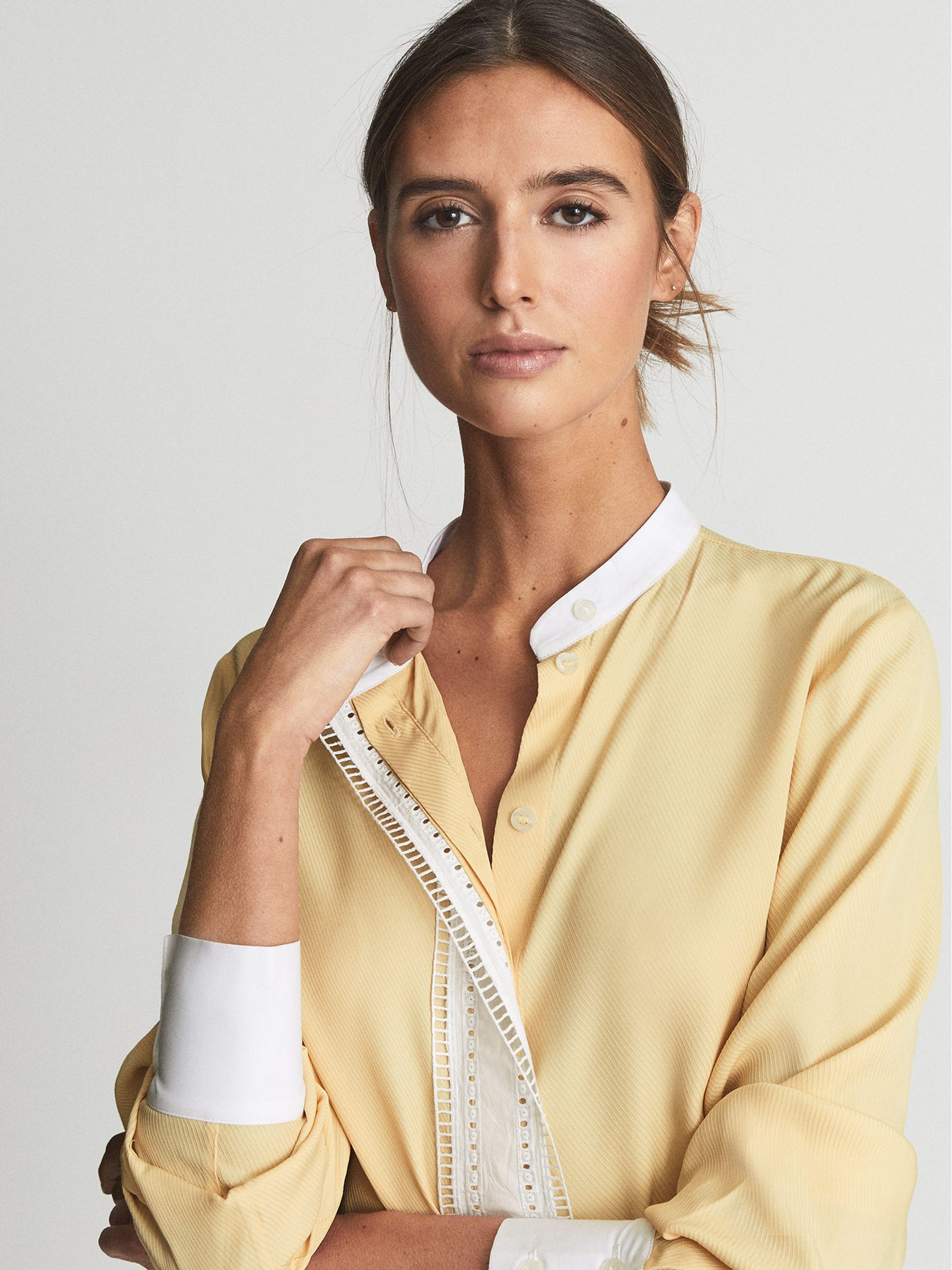 Ladder Embroidery Satin Shirt in Yellow - Image 1 of 5