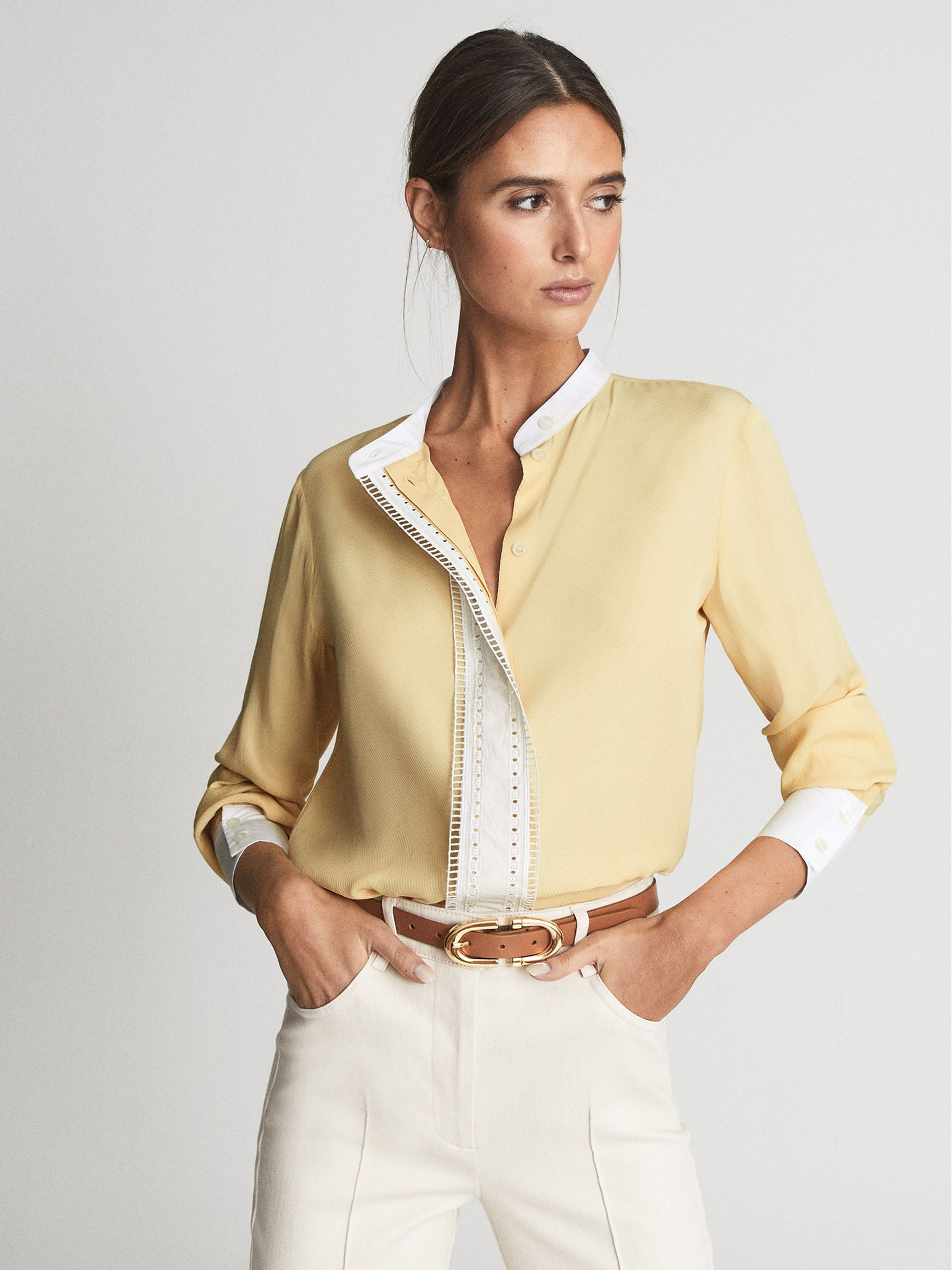 Ladder Embroidery Satin Shirt in Yellow - Image 3 of 5