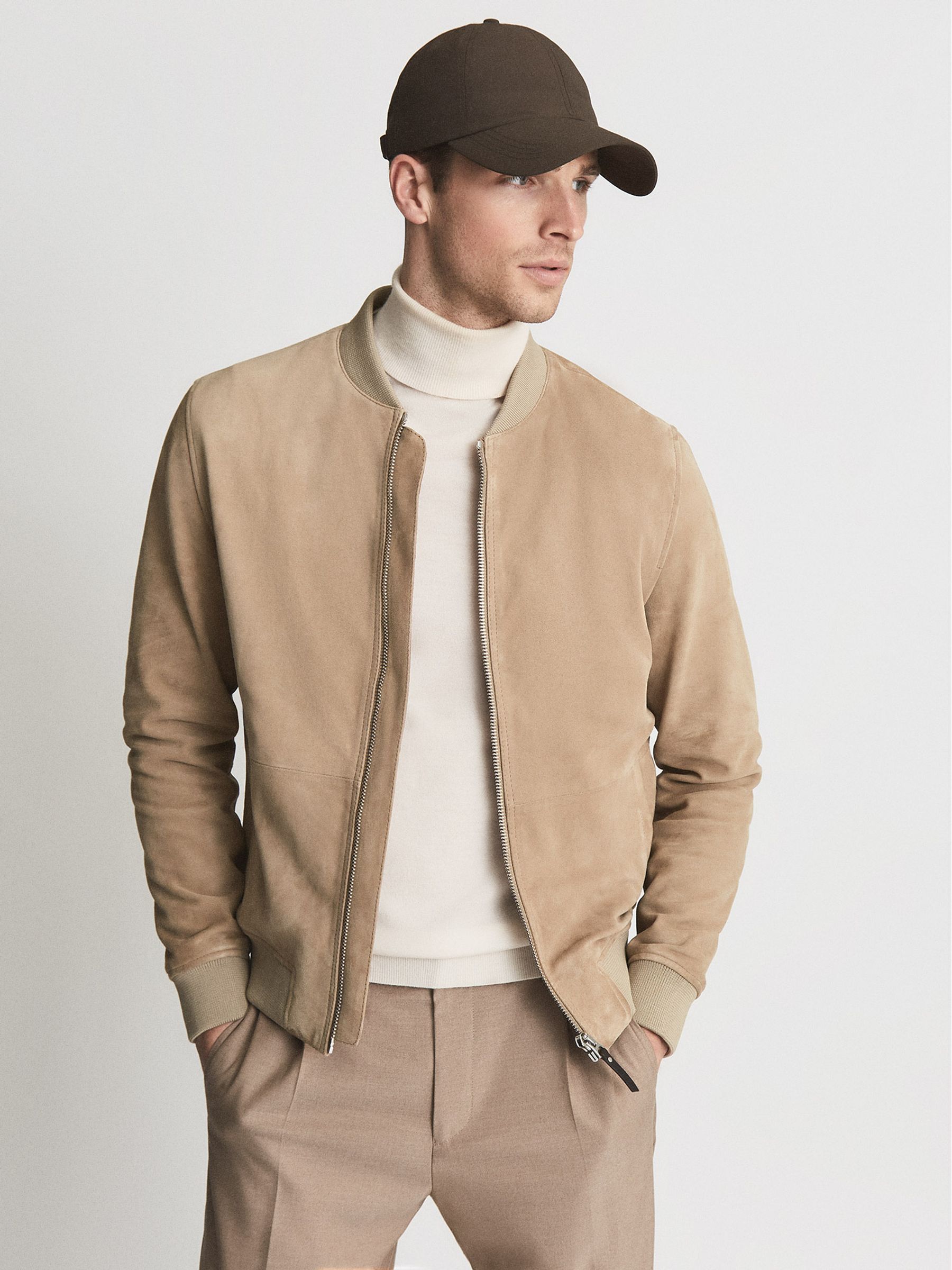 Suede Zip Through Bomber Jacket in Stone - Image 1 of 5