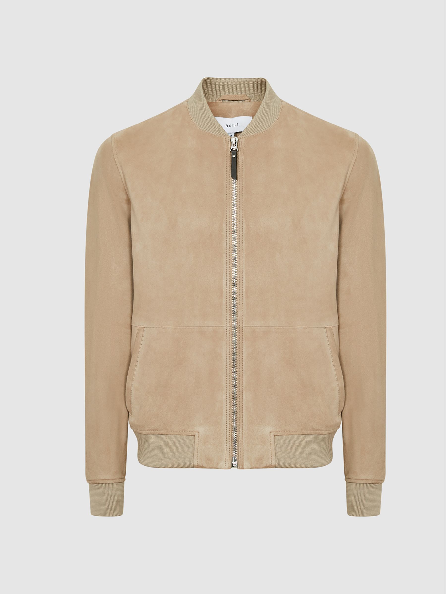 Suede Zip Through Bomber Jacket in Stone - Image 2 of 5
