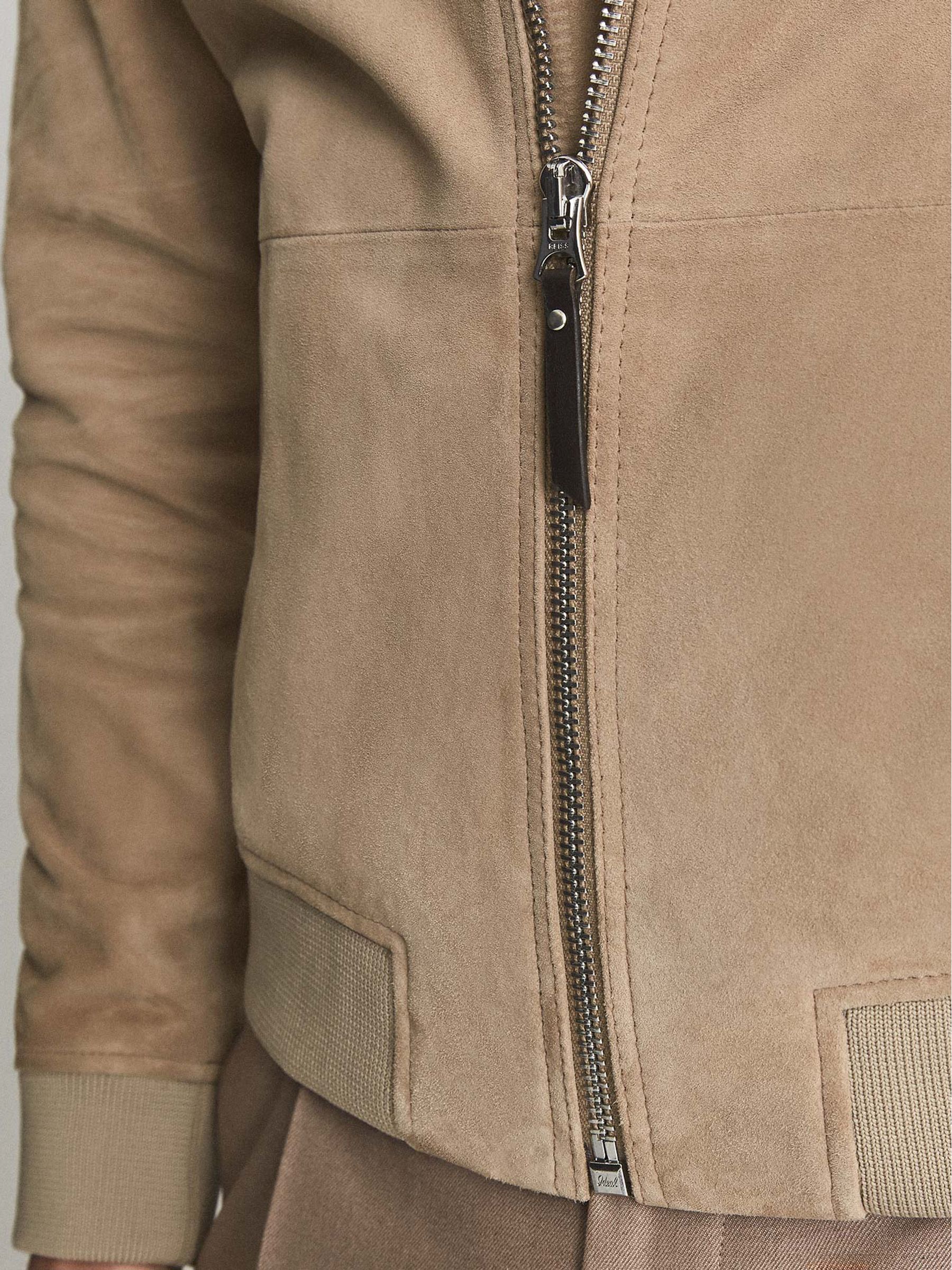 Suede Zip Through Bomber Jacket in Stone - Image 4 of 5