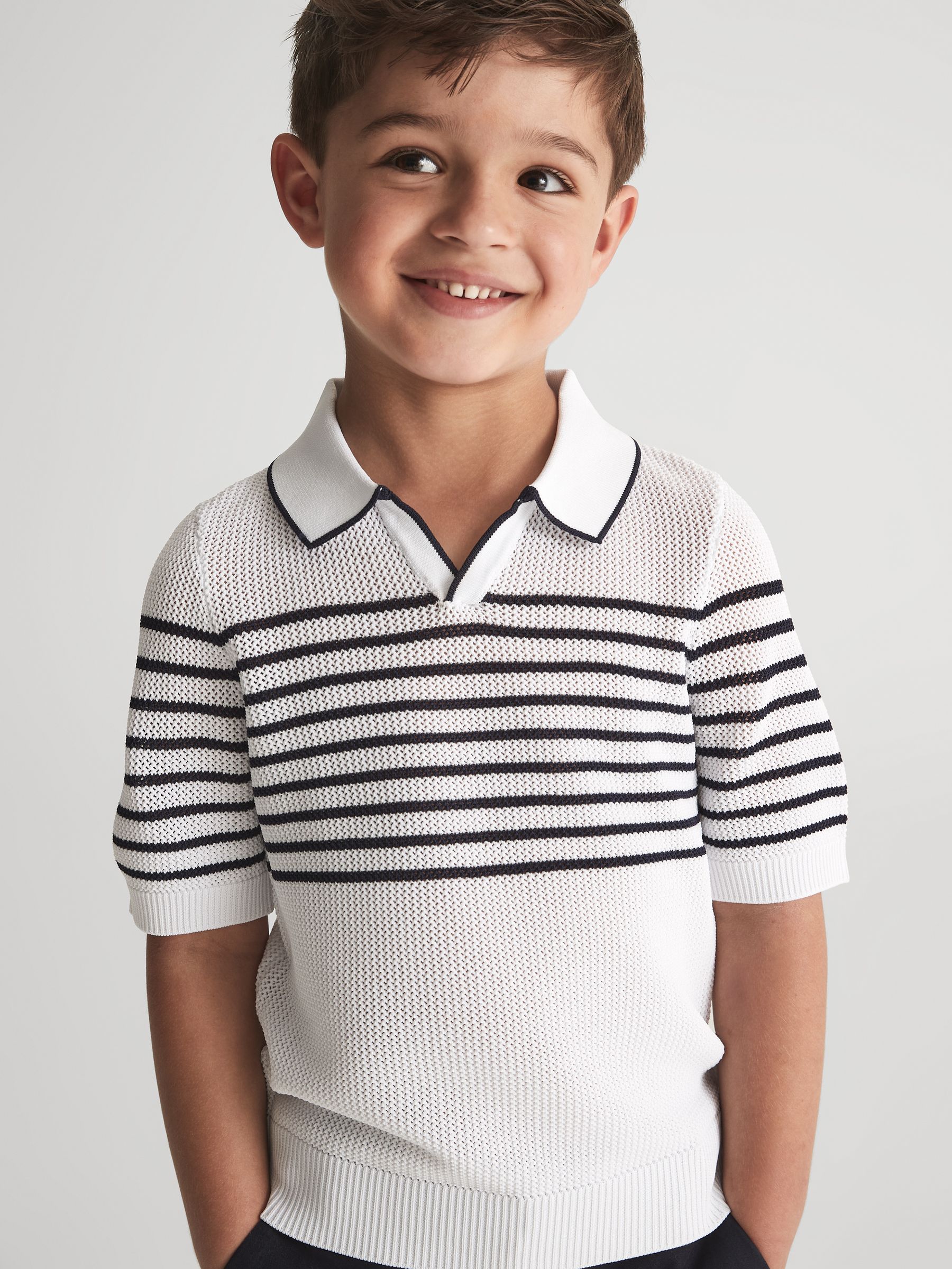 Open Collar Striped Polo T-shirt in White/Navy - Image 1 of 8