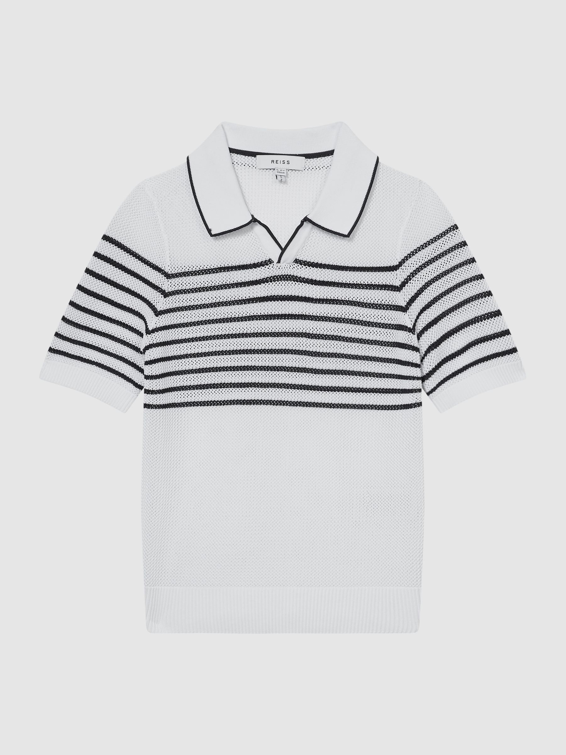 Open Collar Striped Polo T-shirt in White/Navy - Image 2 of 8