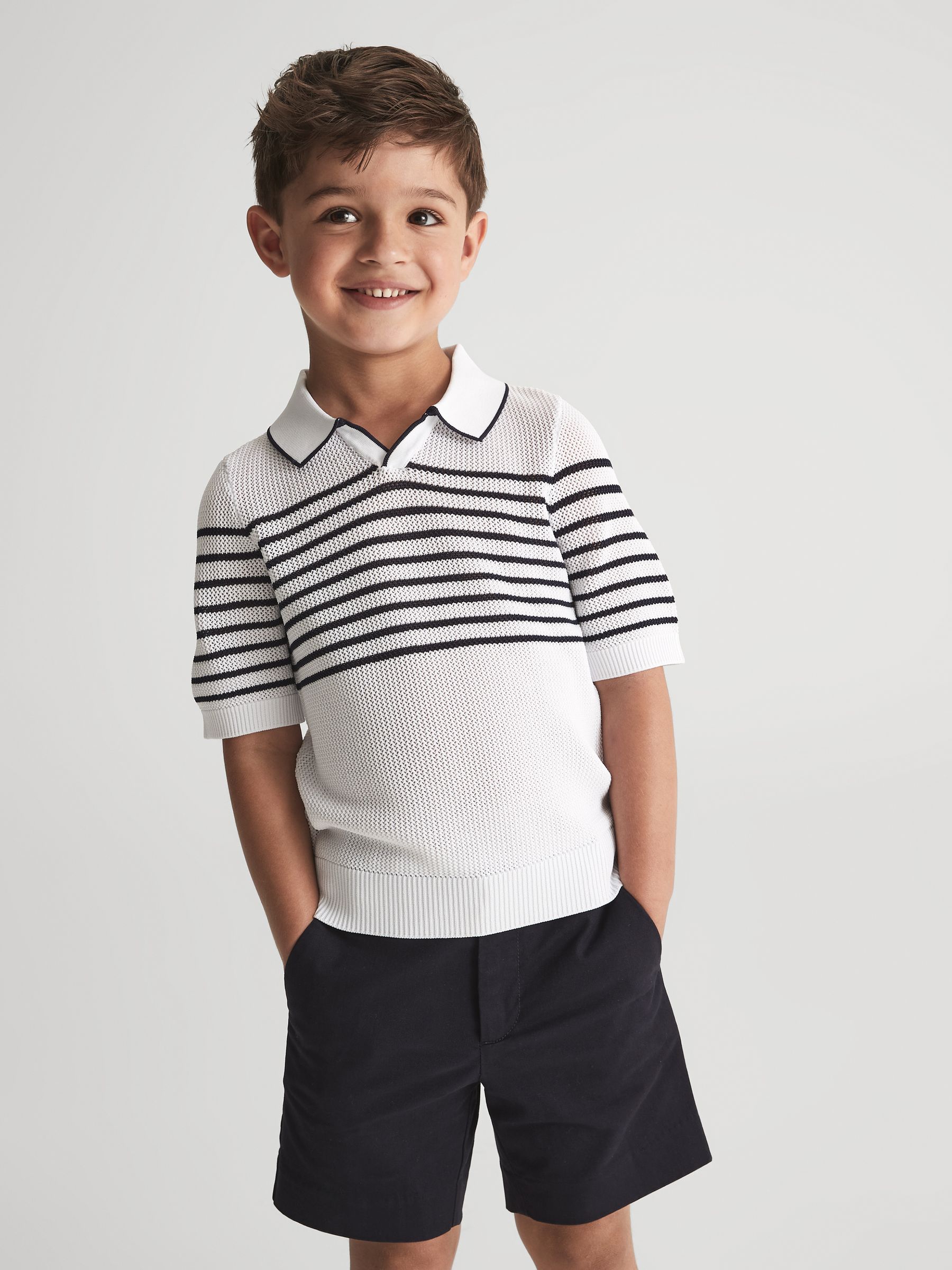 Open Collar Striped Polo T-shirt in White/Navy - Image 4 of 8