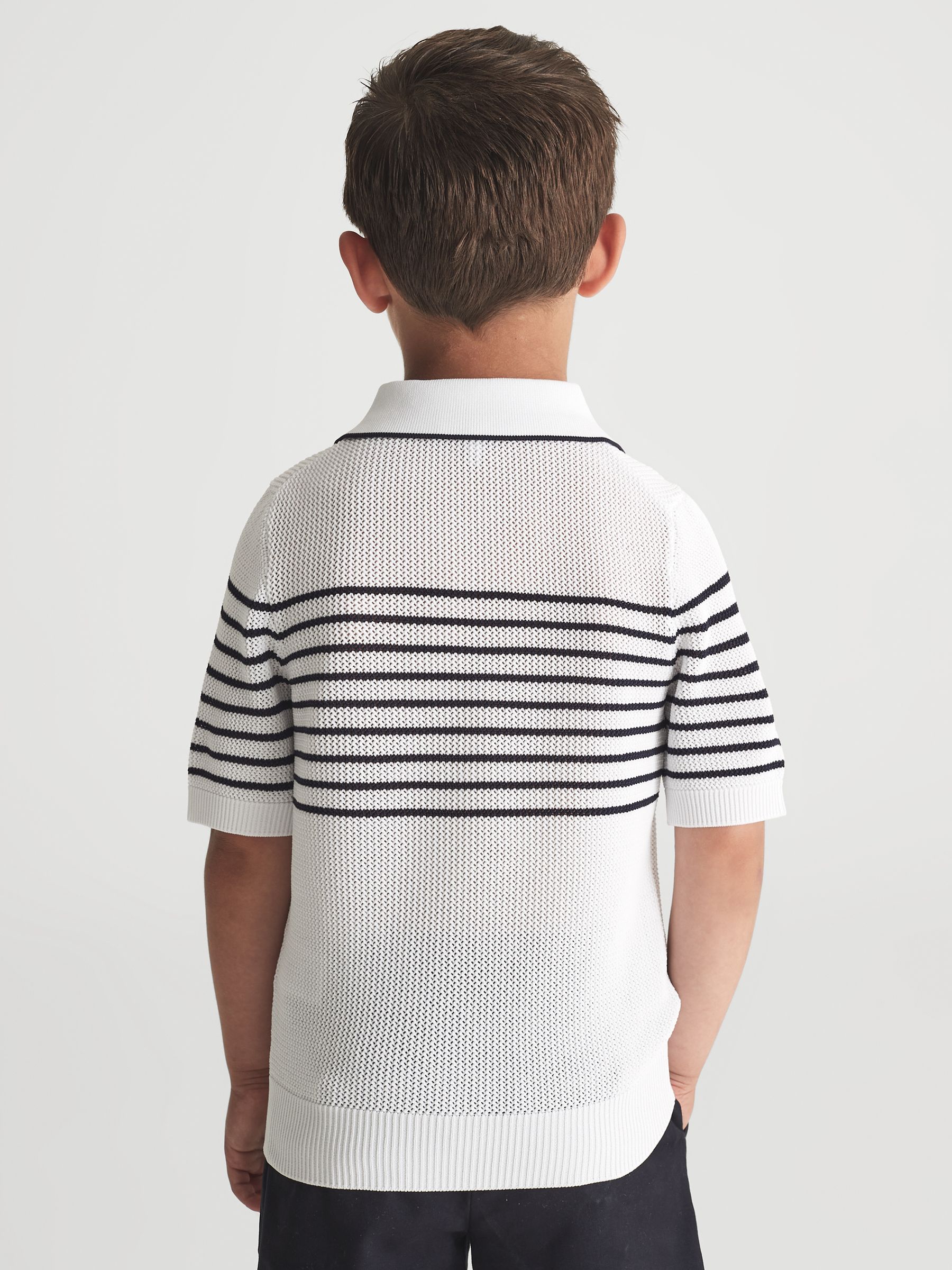 Open Collar Striped Polo T-shirt in White/Navy - Image 5 of 8