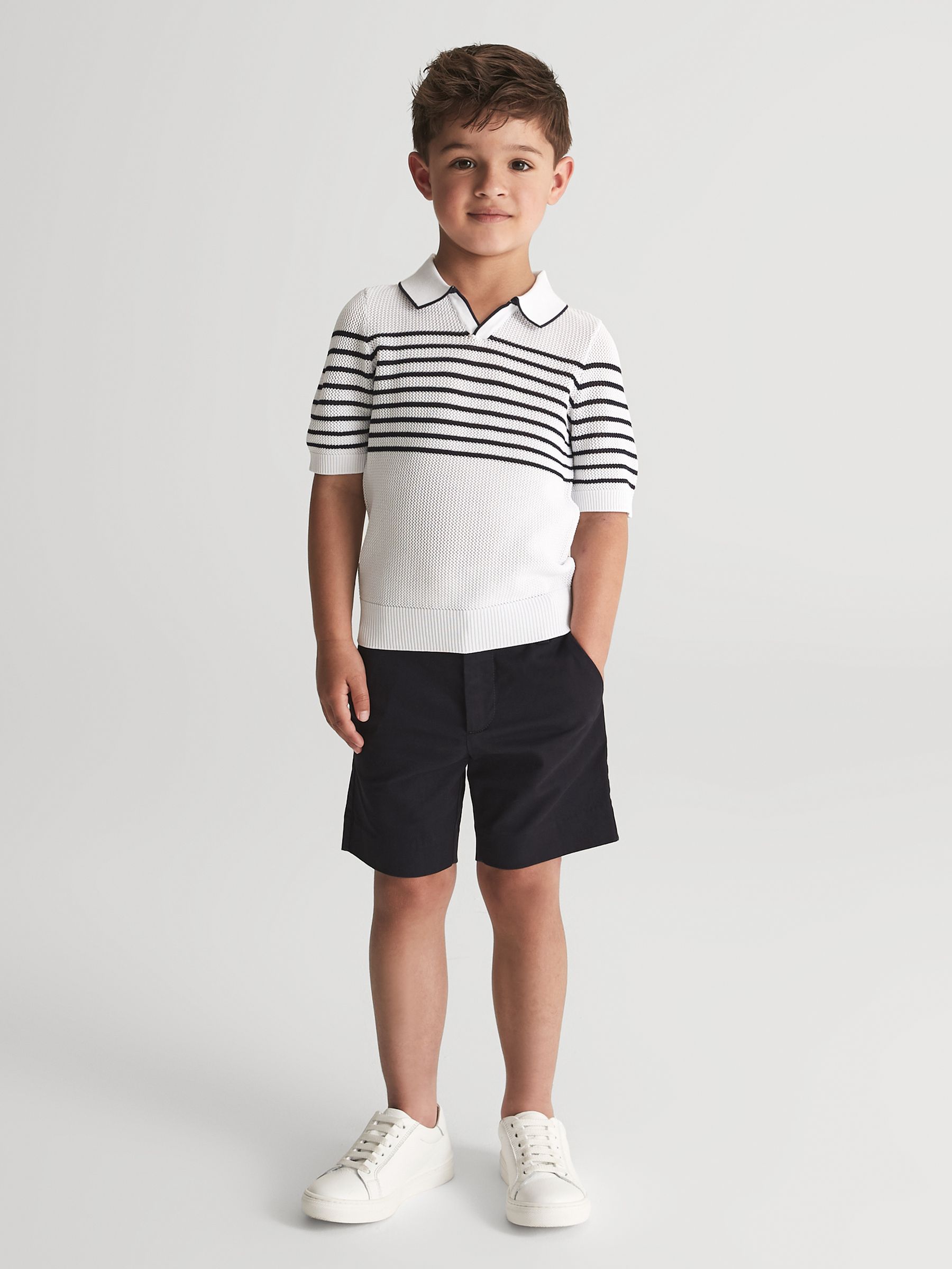 Open Collar Striped Polo T-shirt in White/Navy - Image 7 of 8