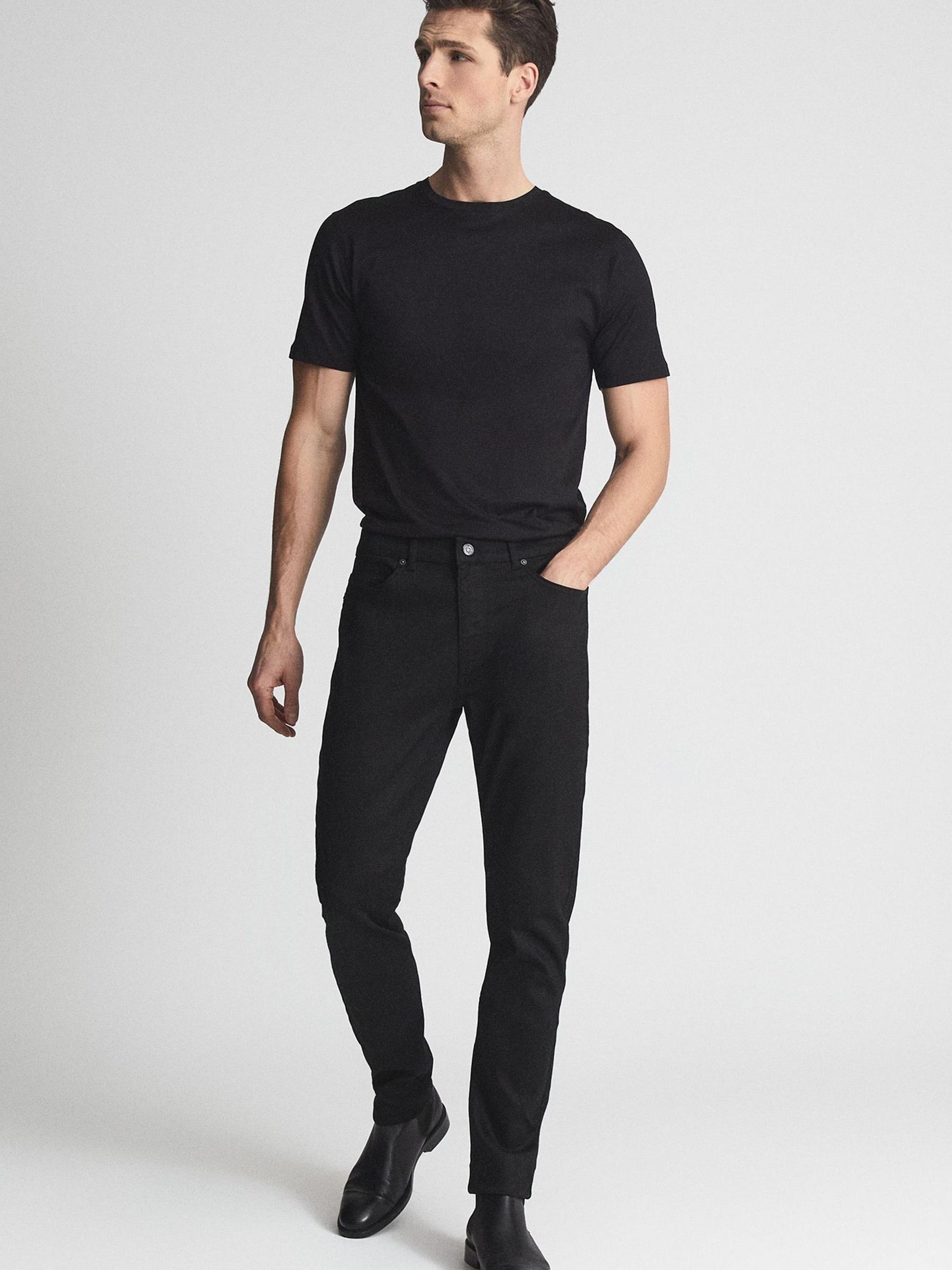 Tapered Slim Fit Jersey Stretch Jeans in Black - Image 1 of 7