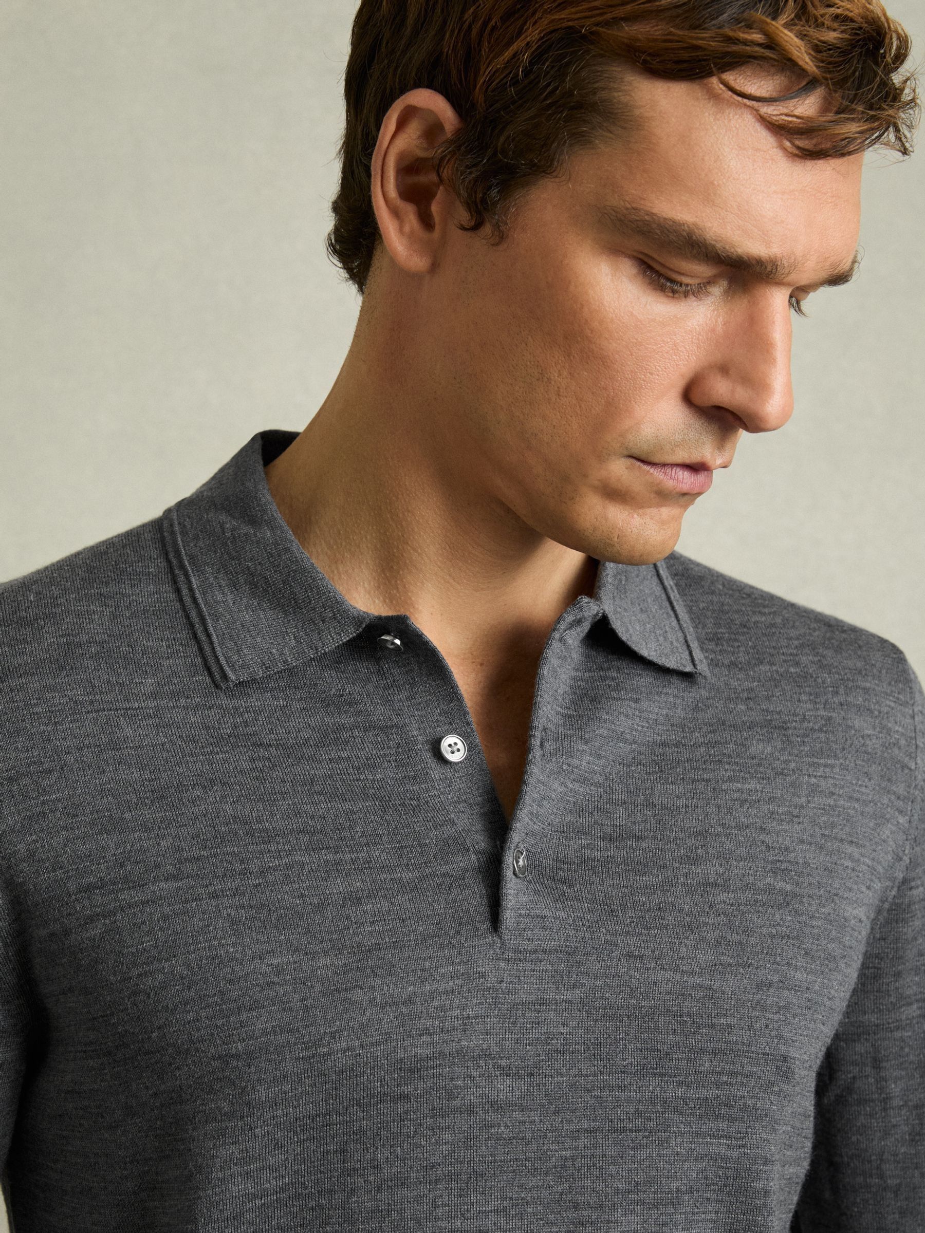 Merino Wool Polo Shirt in Mid Grey Melange - Image 3 of 7