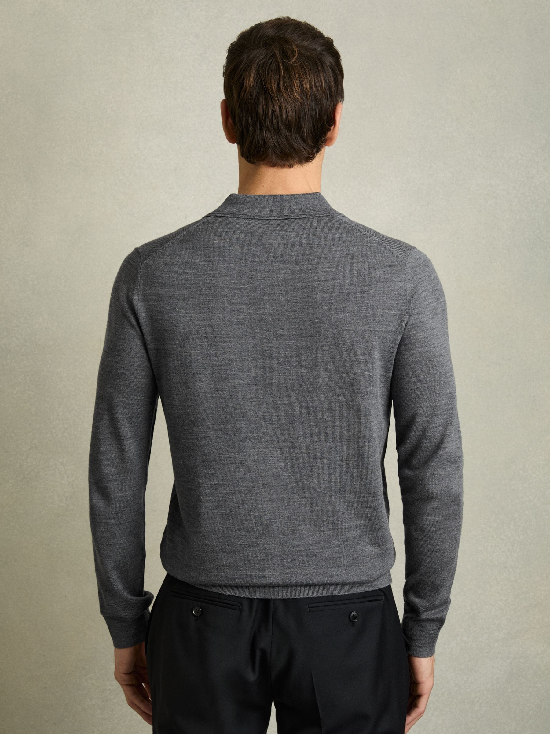 Merino Wool Polo Shirt in Mid Grey Melange - Image 4 of 7
