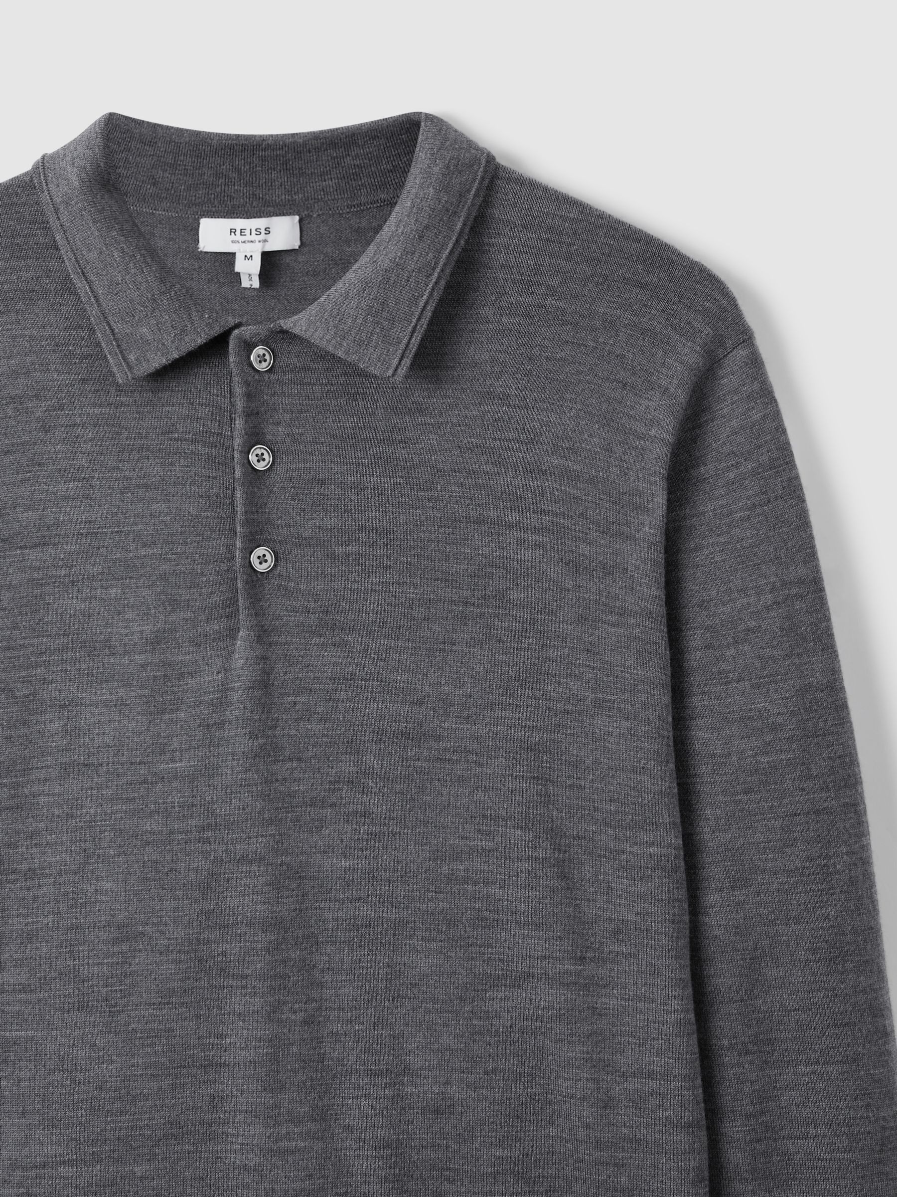 Merino Wool Polo Shirt in Mid Grey Melange - Image 5 of 7