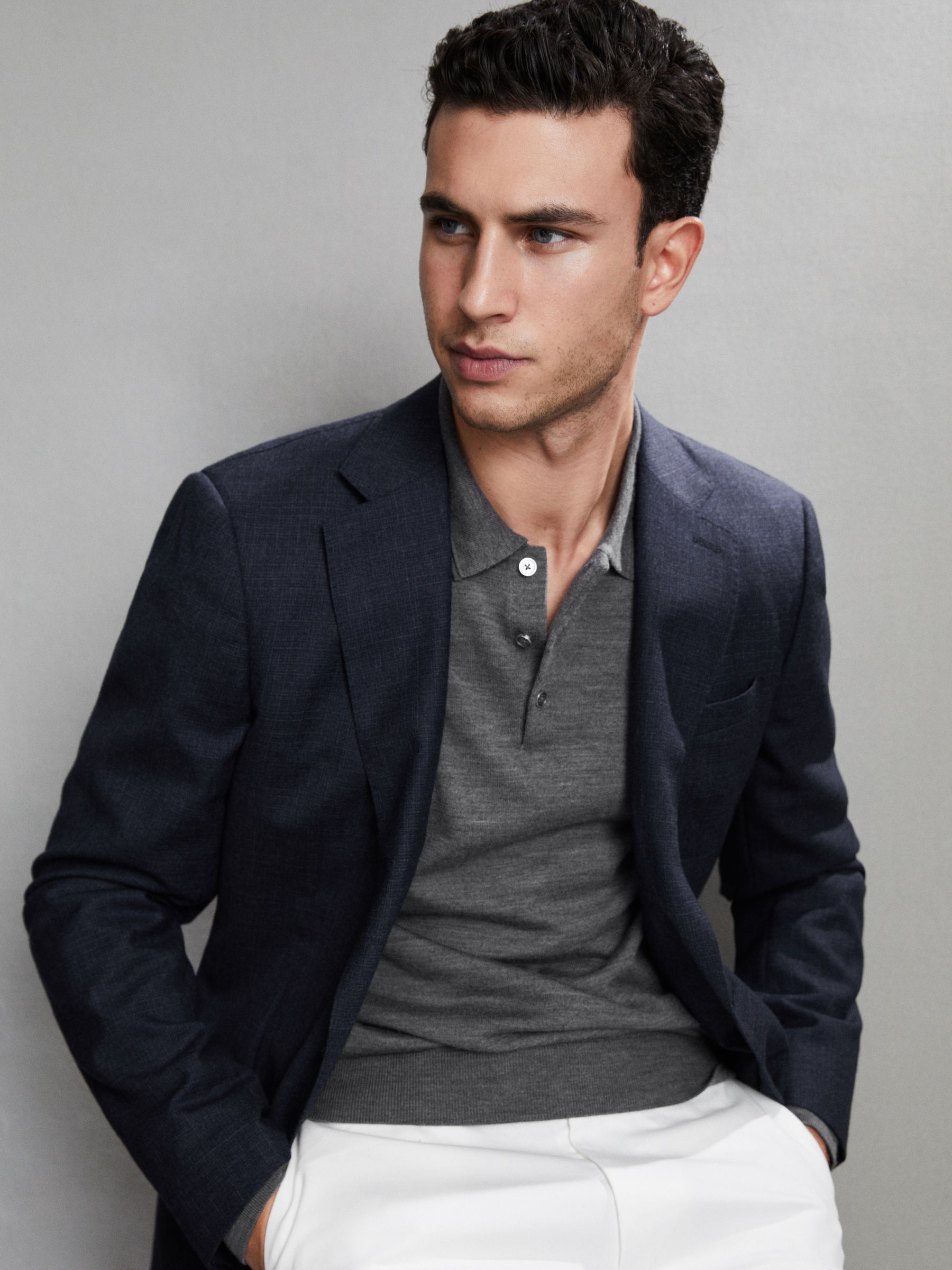Merino Wool Polo Shirt in Mid Grey Melange - Image 7 of 7
