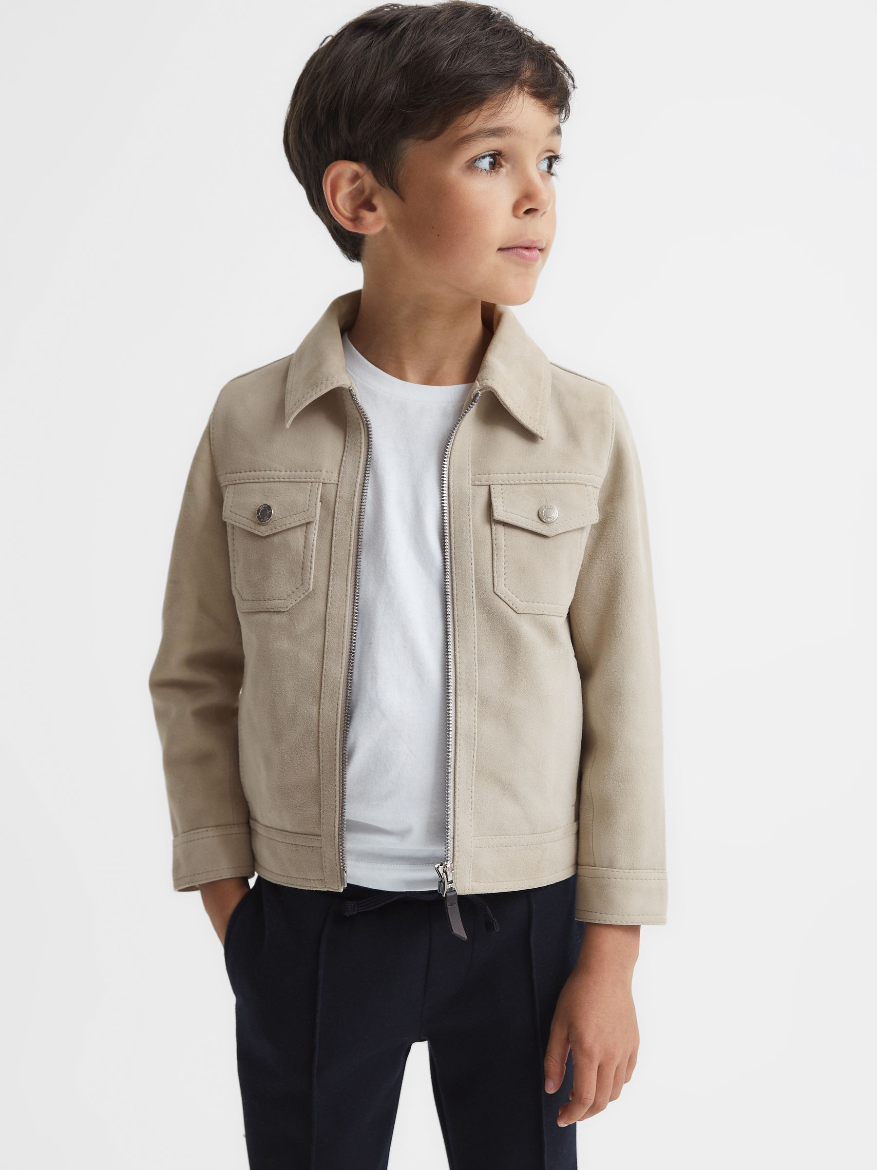 Suede Zip Through Jacket in Stone - Image 1 of 8