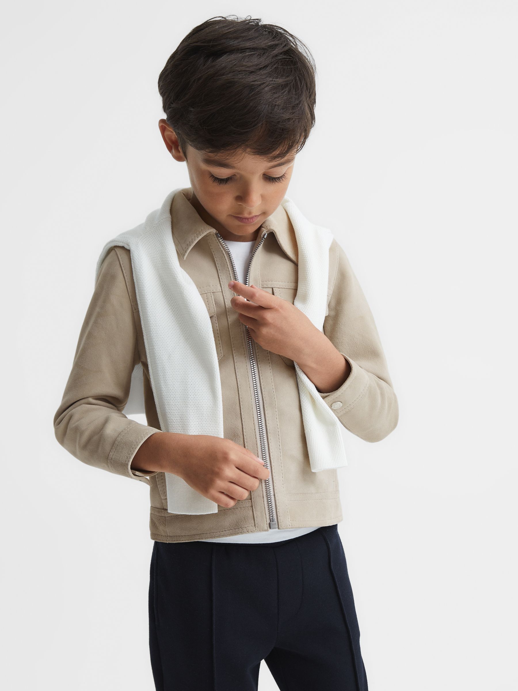 Suede Zip Through Jacket in Stone - Image 6 of 8