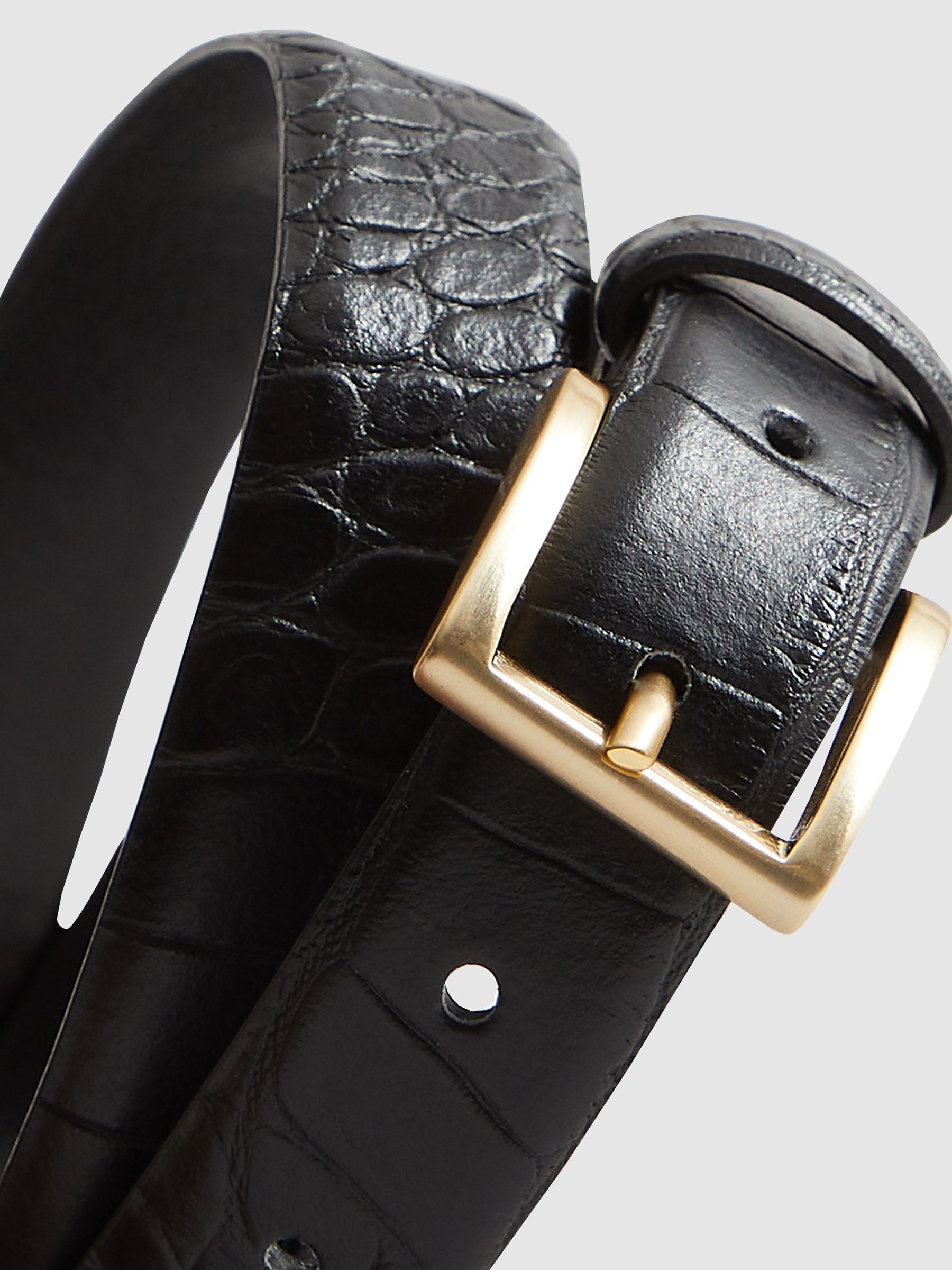 Reiss Leather Croc Embossed Belt in Black | REISS display picture 1