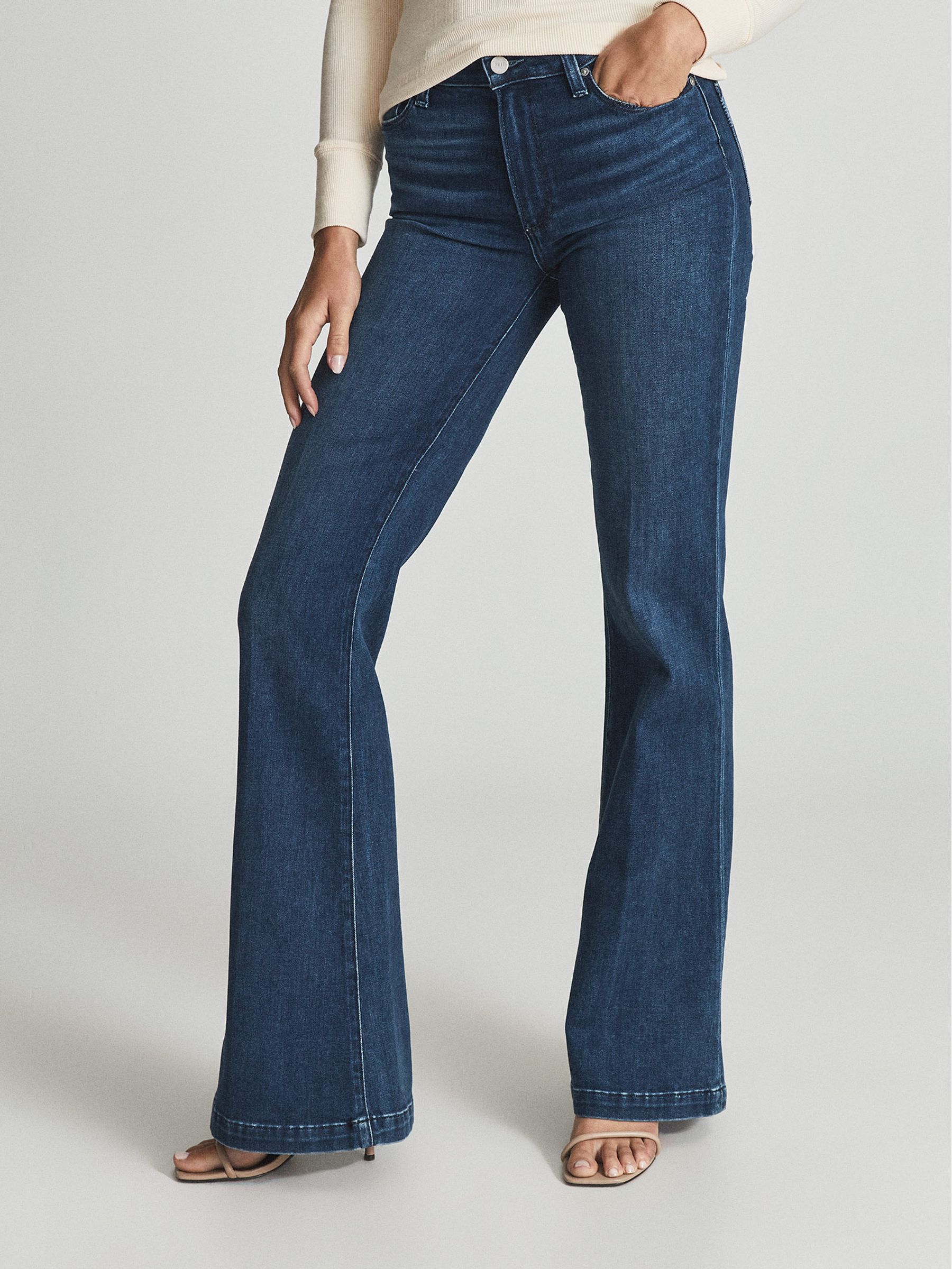 Paige High Rise Flared Jeans in Mid Blue - Image 3 of 6