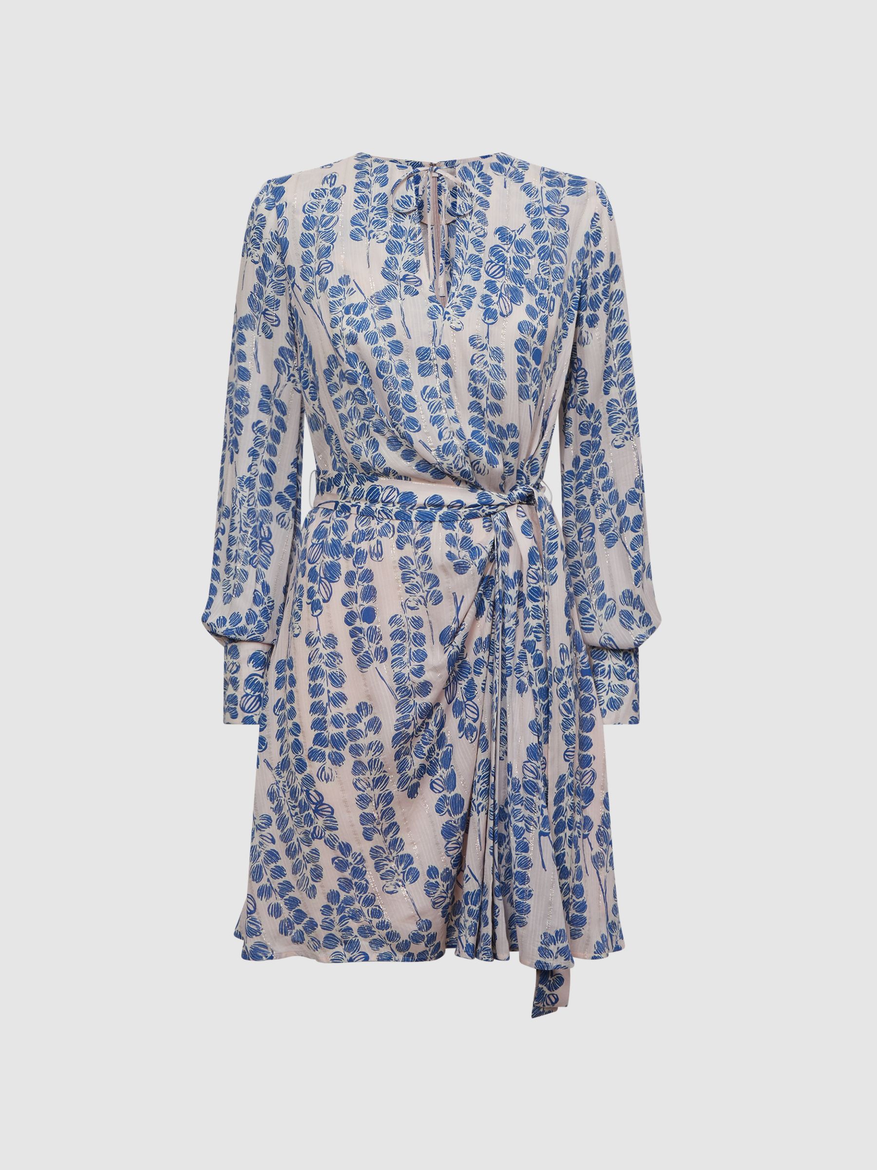 Reiss Printed Belted Long Sleeve Mini Dress in Pink/Blue | REISS