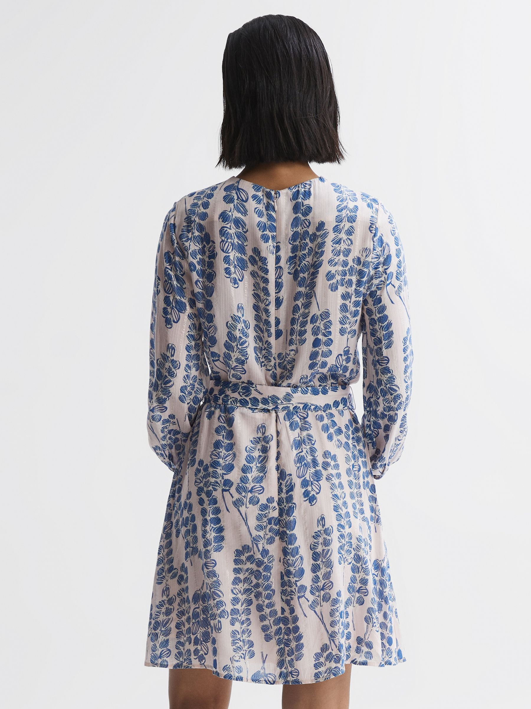 Reiss Printed Belted Long Sleeve Mini Dress in Pink/Blue | REISS