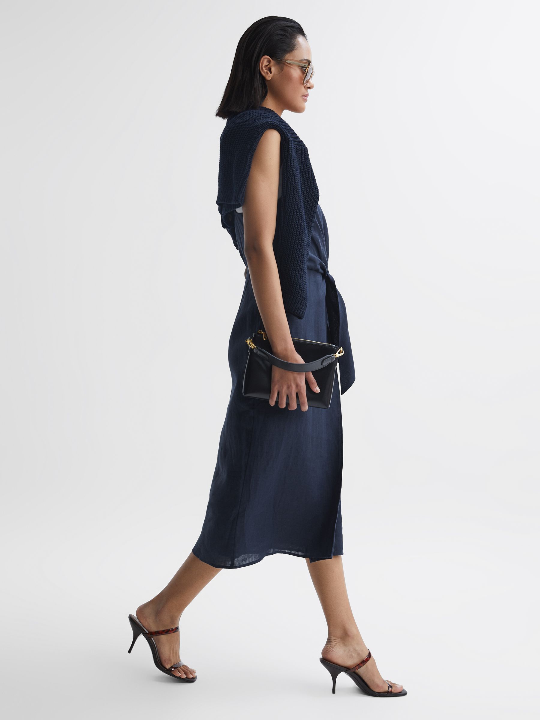 Linen Side Tie Midi Dress in Navy - Image 1 of 6