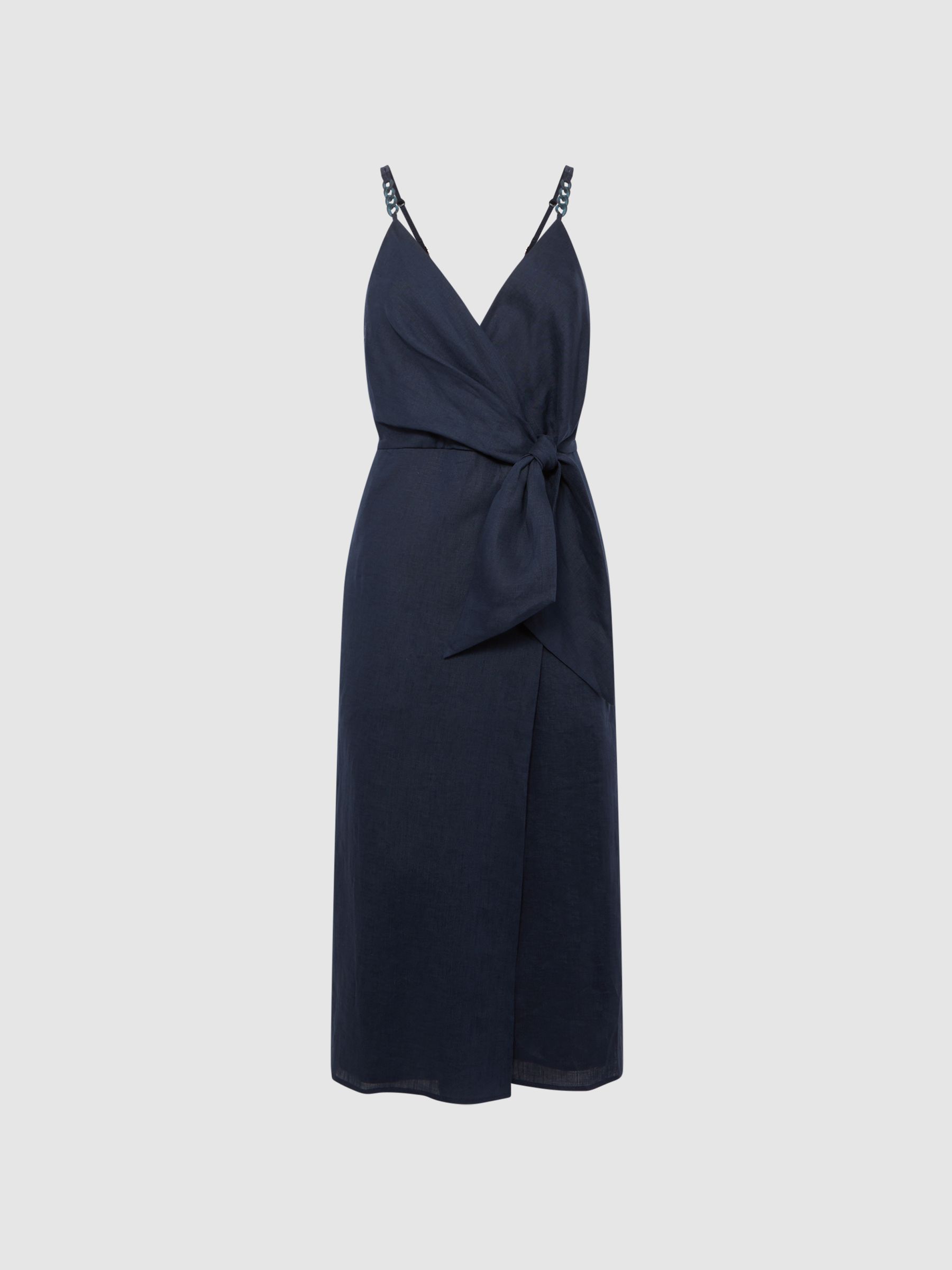 Linen Side Tie Midi Dress in Navy - Image 2 of 6