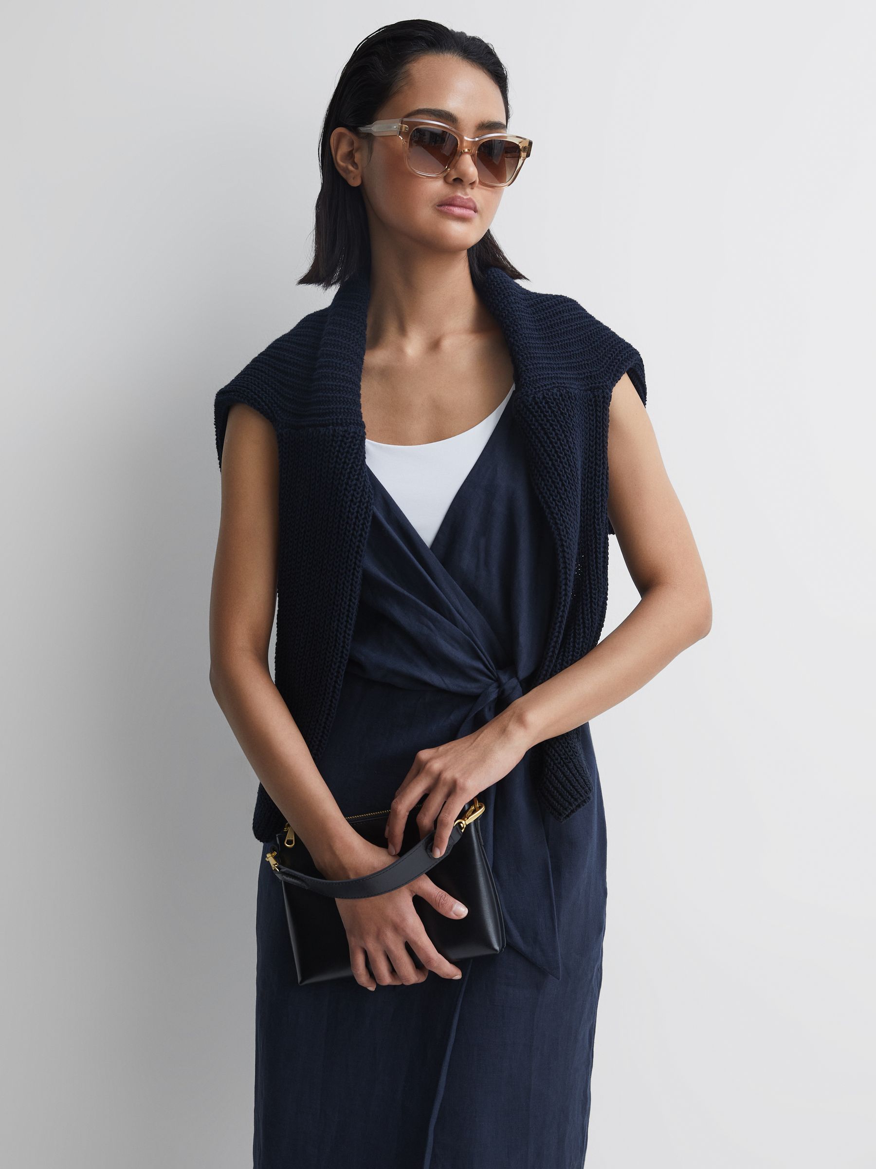 Linen Side Tie Midi Dress in Navy - Image 4 of 6