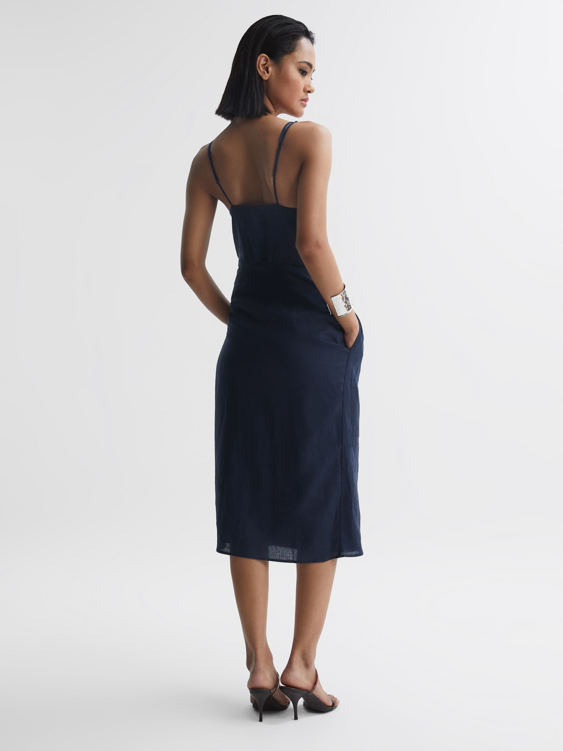 Linen Side Tie Midi Dress in Navy - Image 5 of 6