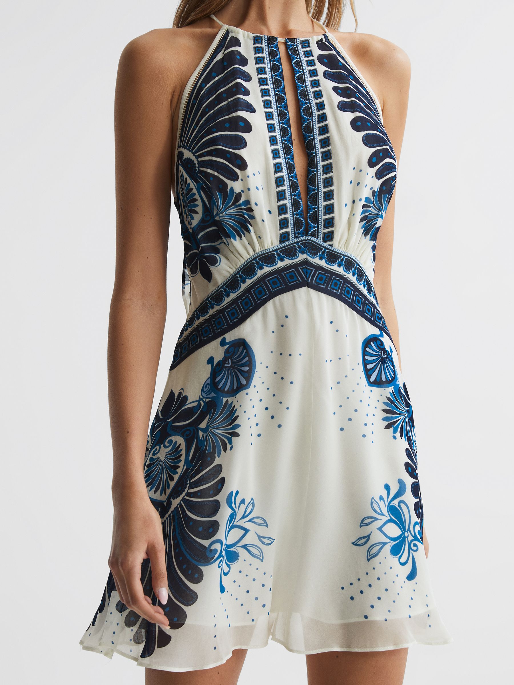 Printed Halter Neck Mini Dress in Blue - Image 4 of 5