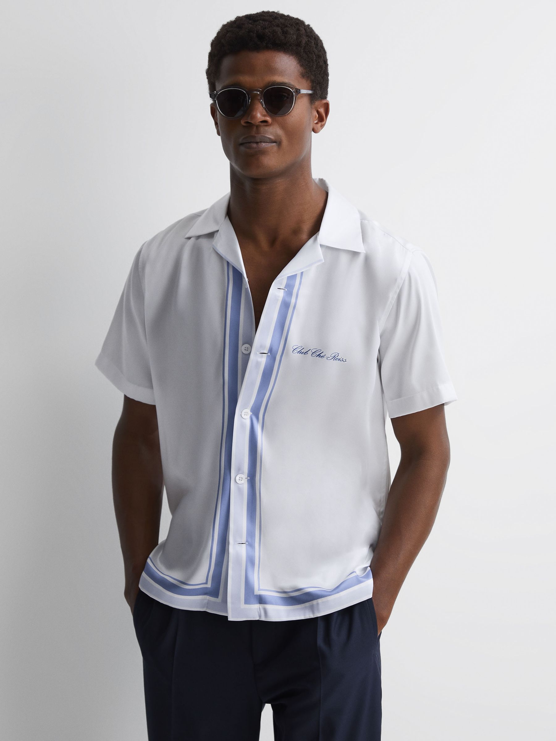 Reiss | Ché Motif Cuban Collar Button-Through Shirt in White/Blue - Image 1 of 5