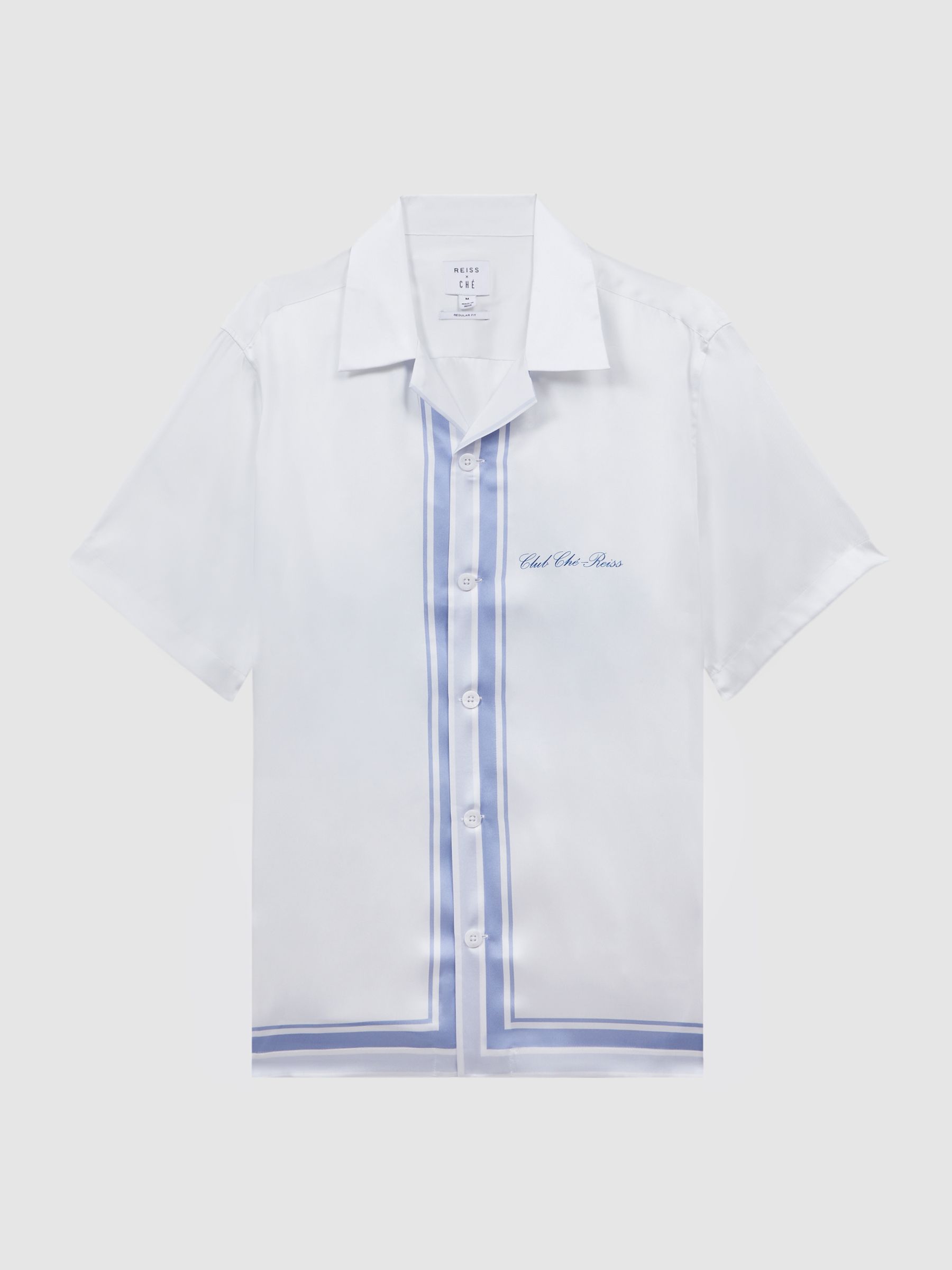 Reiss | Ché Motif Cuban Collar Button-Through Shirt in White/Blue - Image 2 of 5