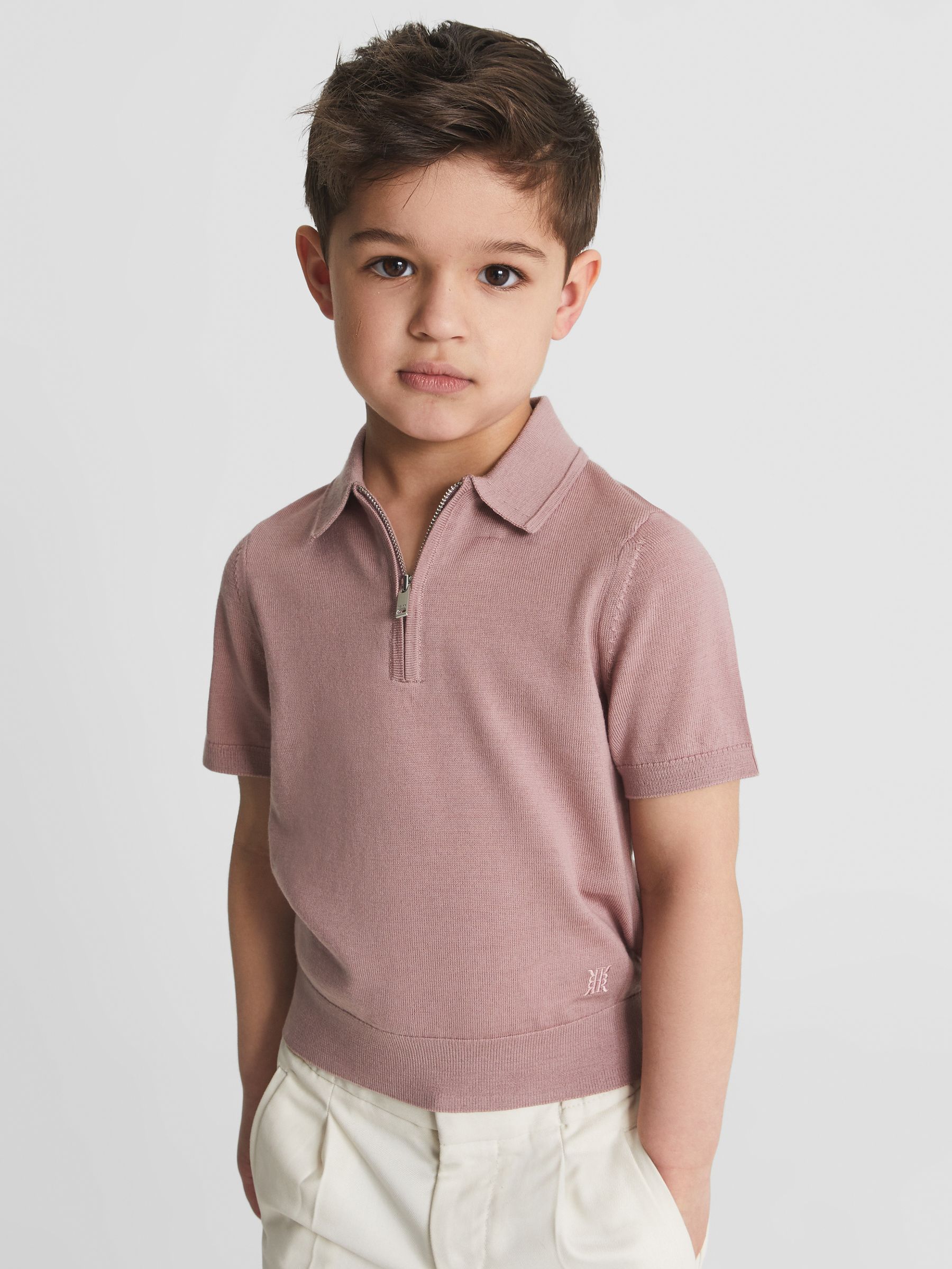 Merino Zip Neck Polo T-Shirt in Dusty Rose - Image 1 of 6