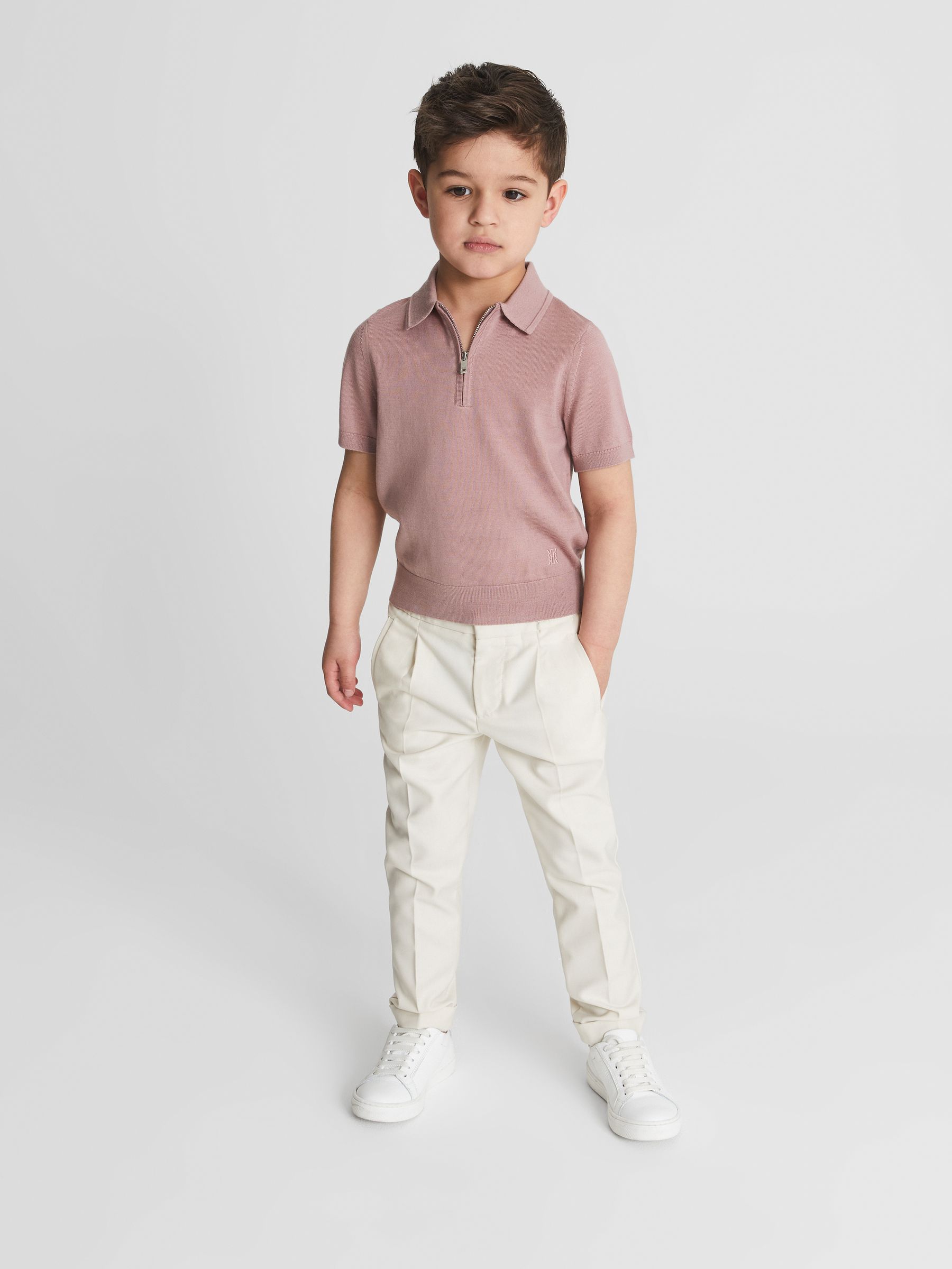 Merino Zip Neck Polo T-Shirt in Dusty Rose - Image 3 of 6
