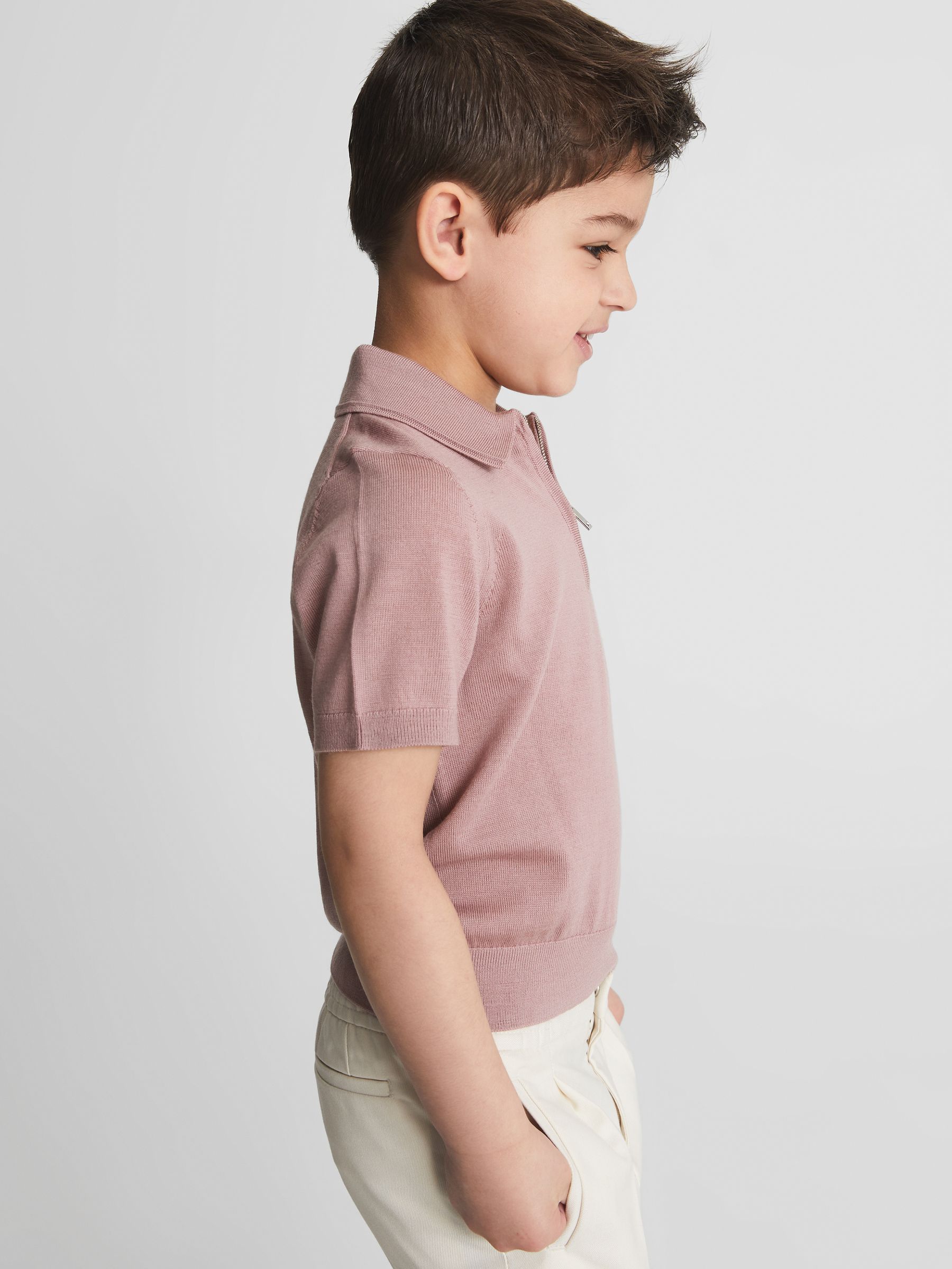 Merino Zip Neck Polo T-Shirt in Dusty Rose - Image 4 of 6