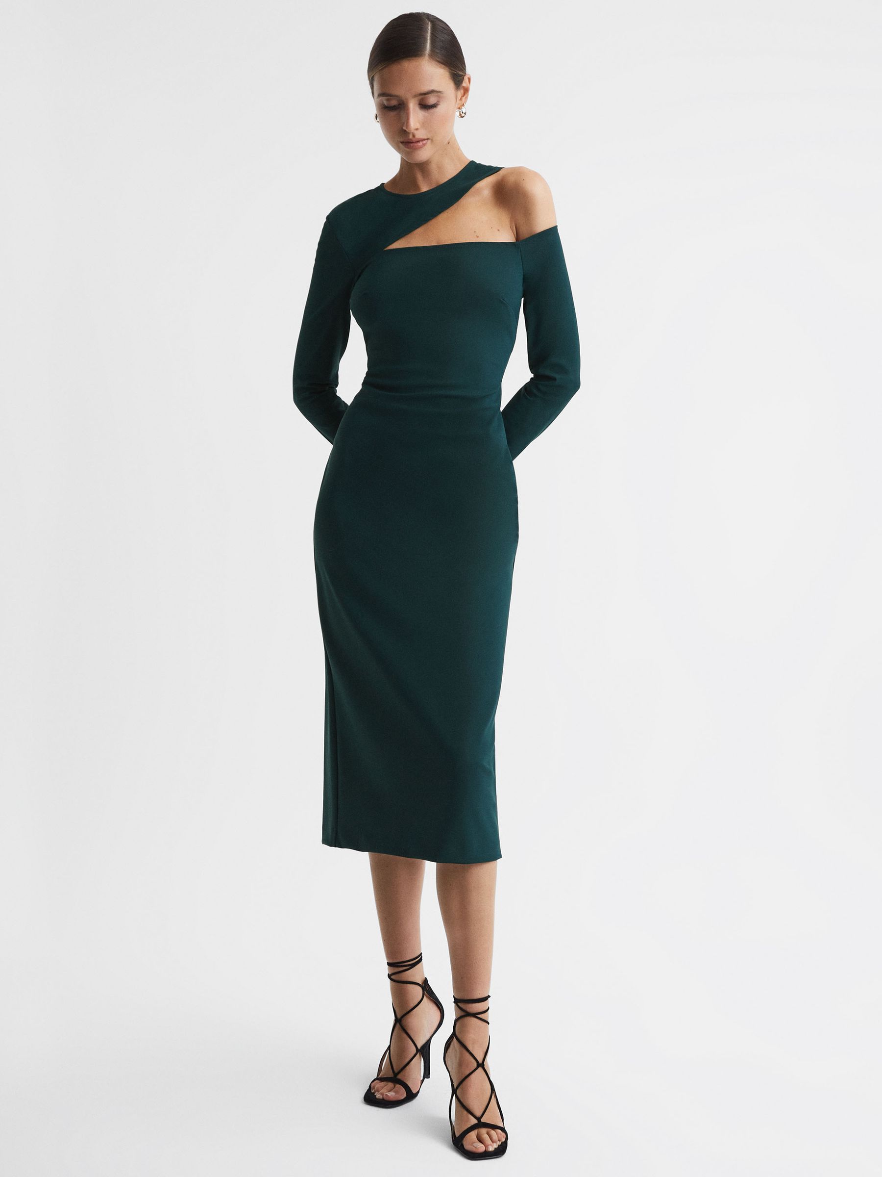 Bodycon Off-The-Shoulder Midi Dress in Teal - Image 1 of 5