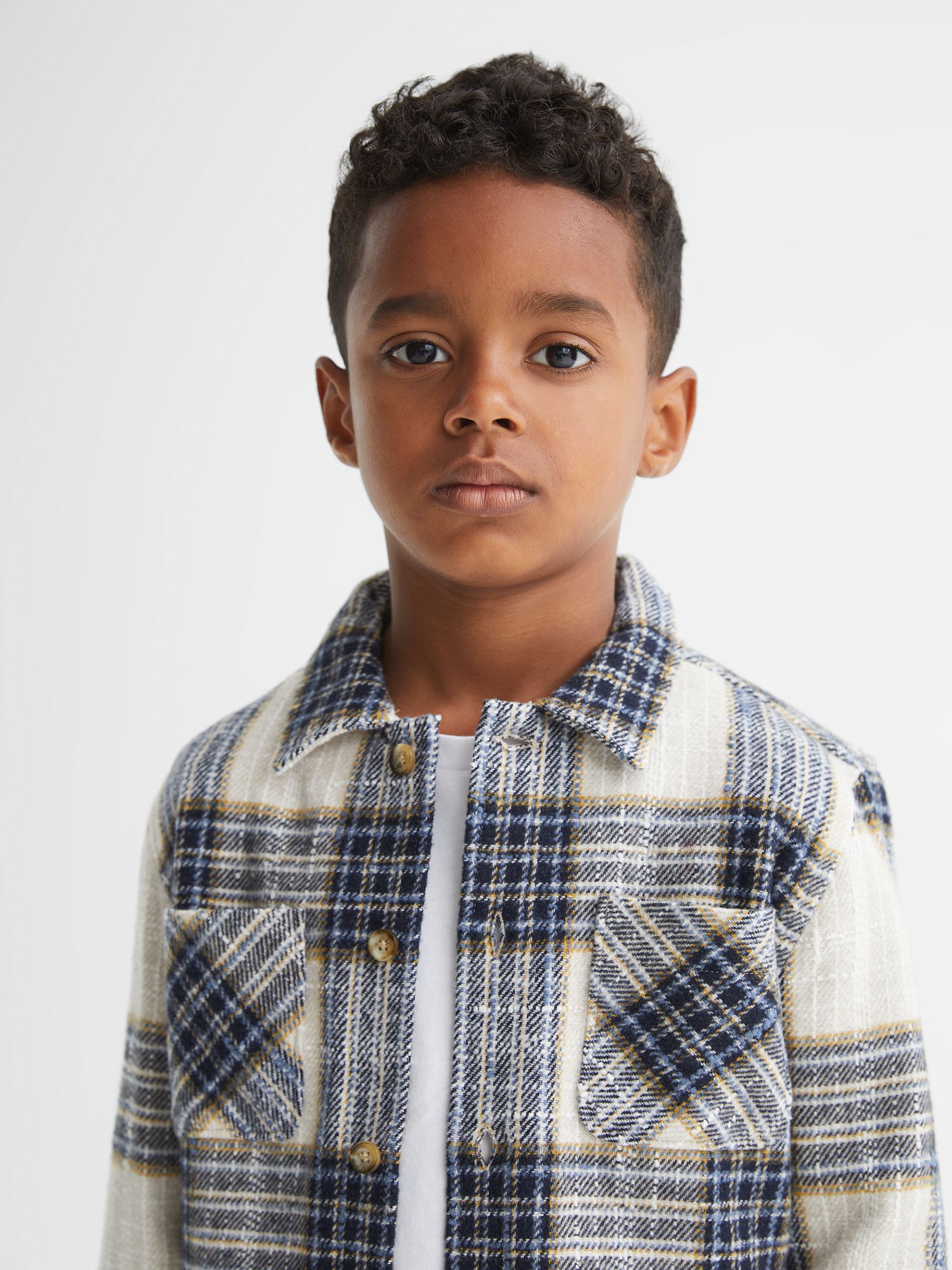 Senior Large Check Twill Overshirt in Blue/Ecru - Image 7 of 8