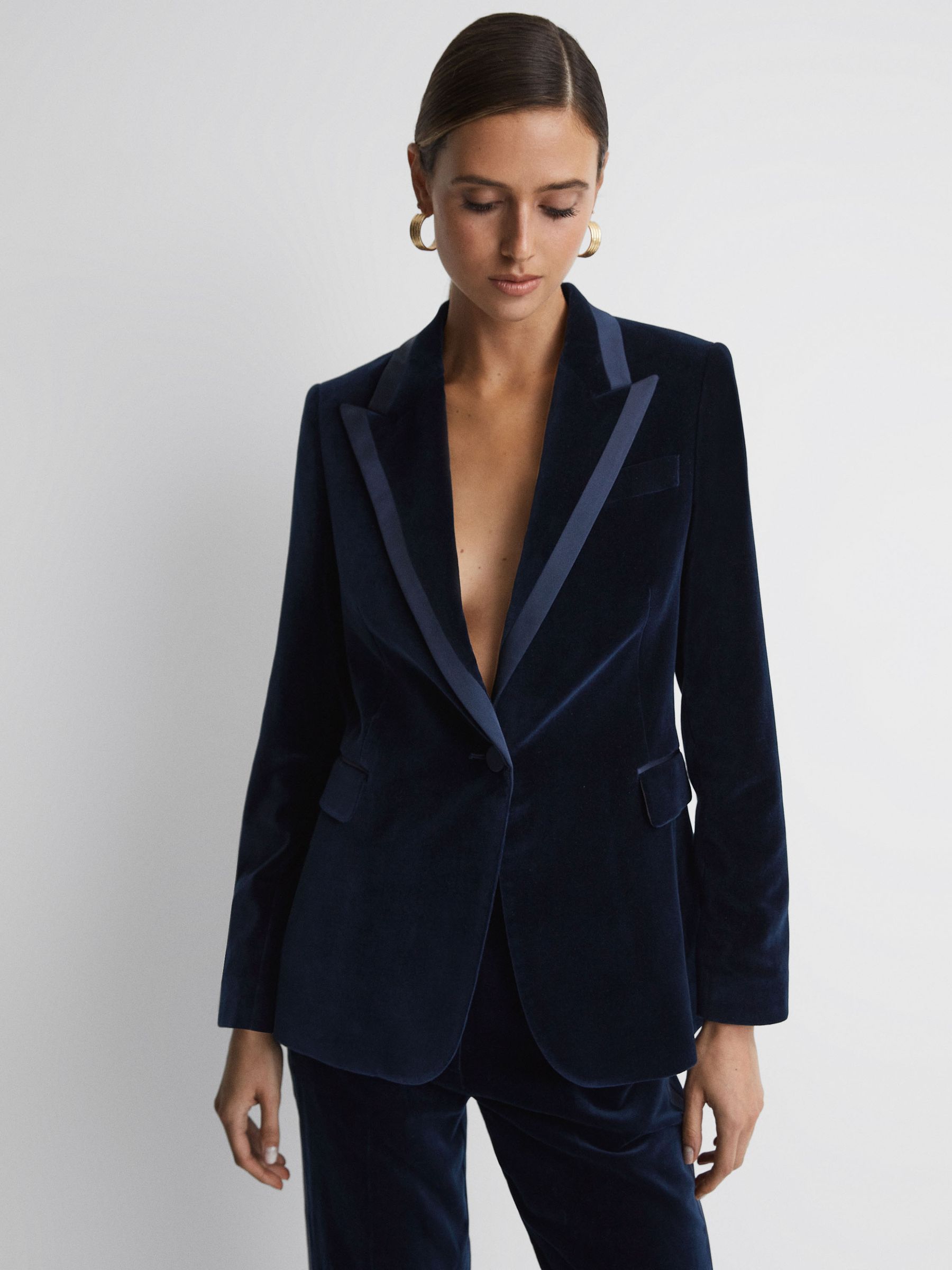 Single Breasted Velvet Suit Blazer in Navy - Image 1 of 5