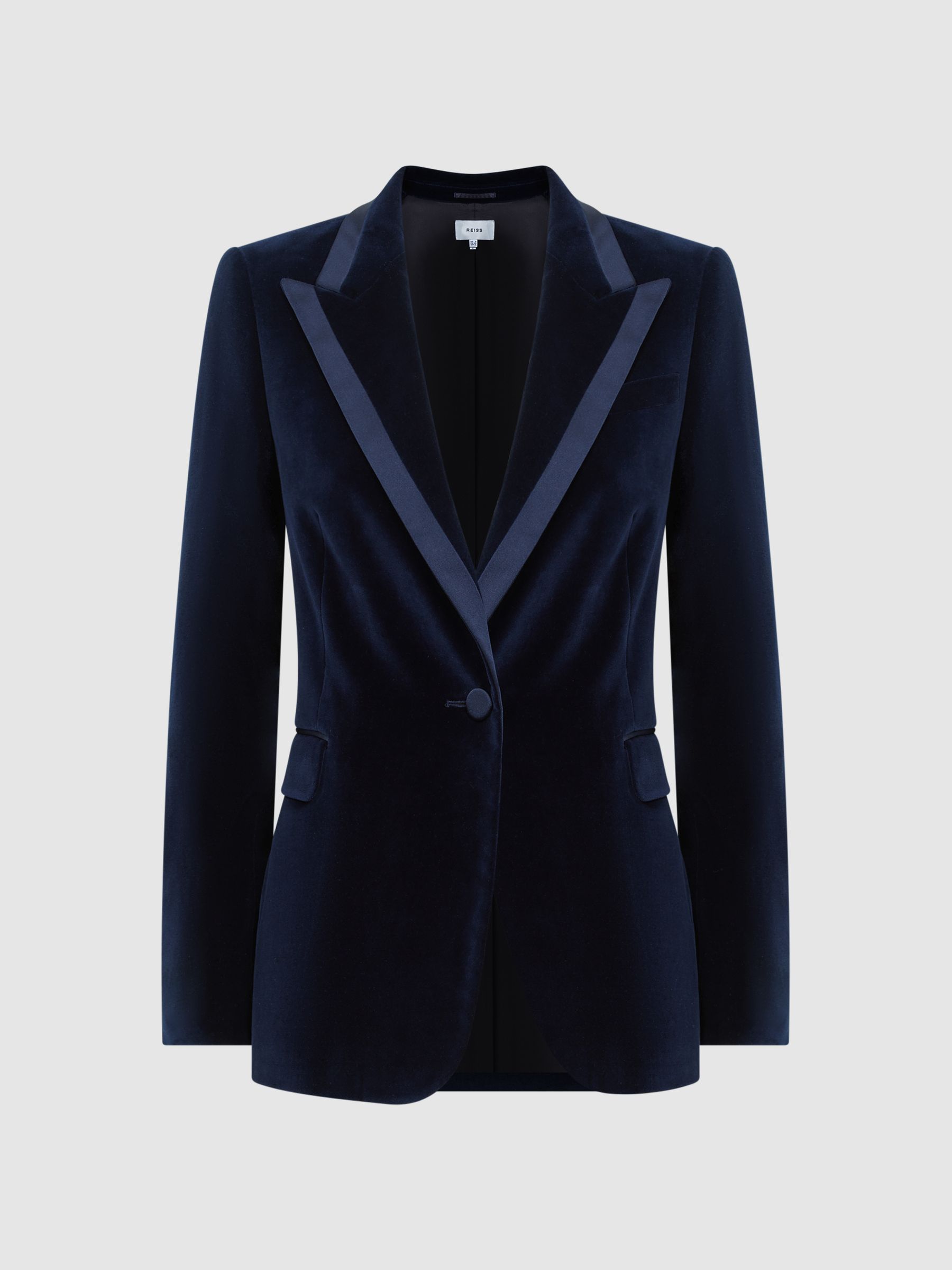 Single Breasted Velvet Suit Blazer in Navy - Image 2 of 5