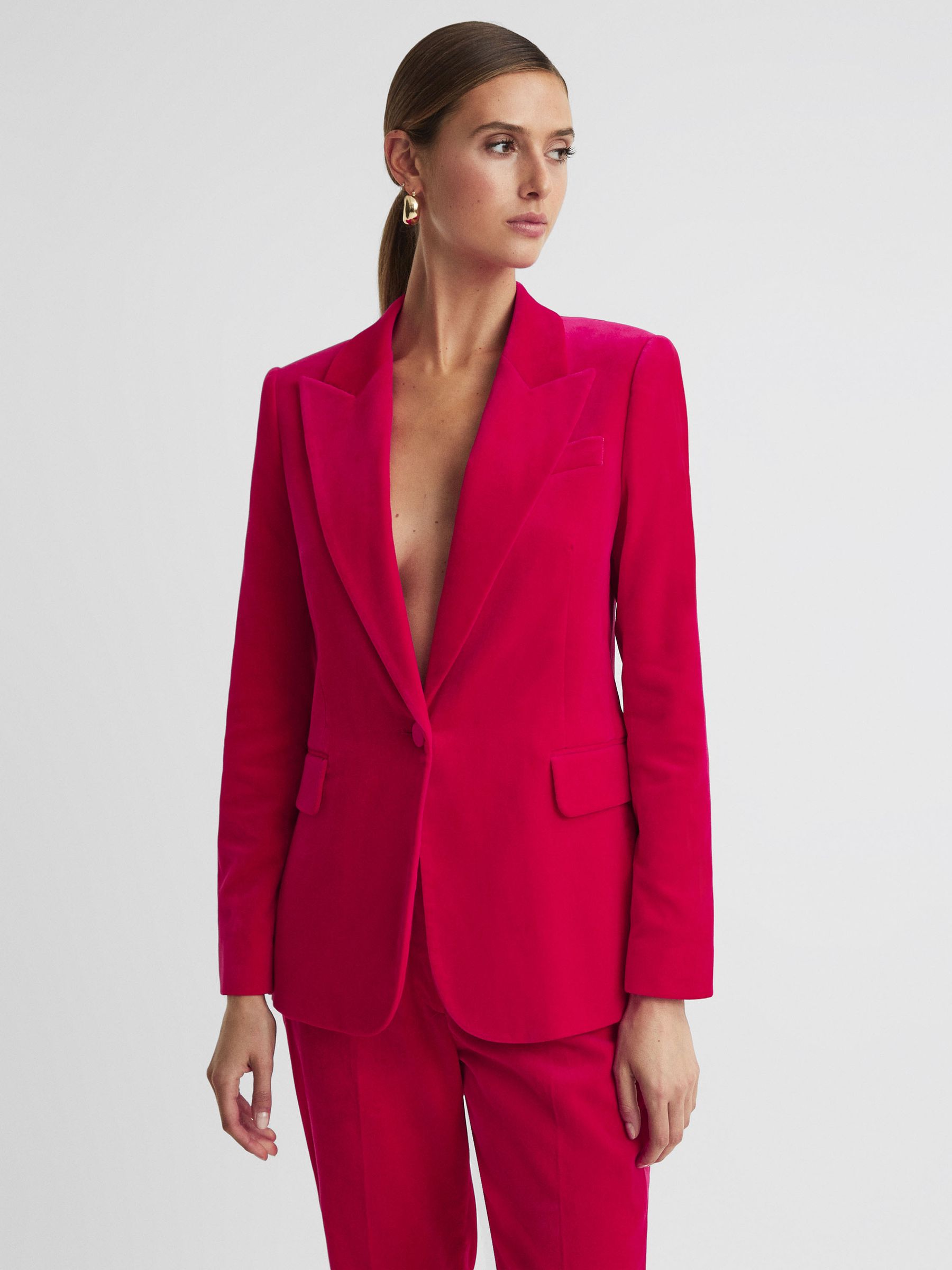 Velvet Single Breasted Suit Blazer in Pink - Image 1 of 7 Velvet Single Breasted Suit Blazer in Pink - Image 1 of 7