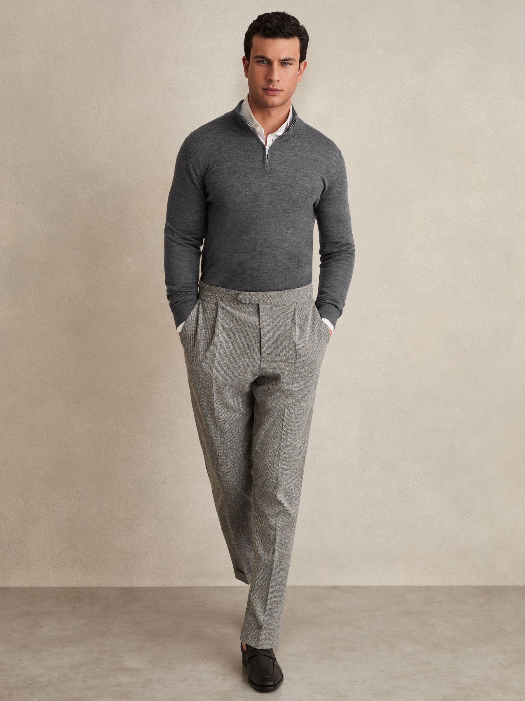 Merino Wool Half-Zip Polo Shirt in Mid Grey Melange - Image 1 of 6