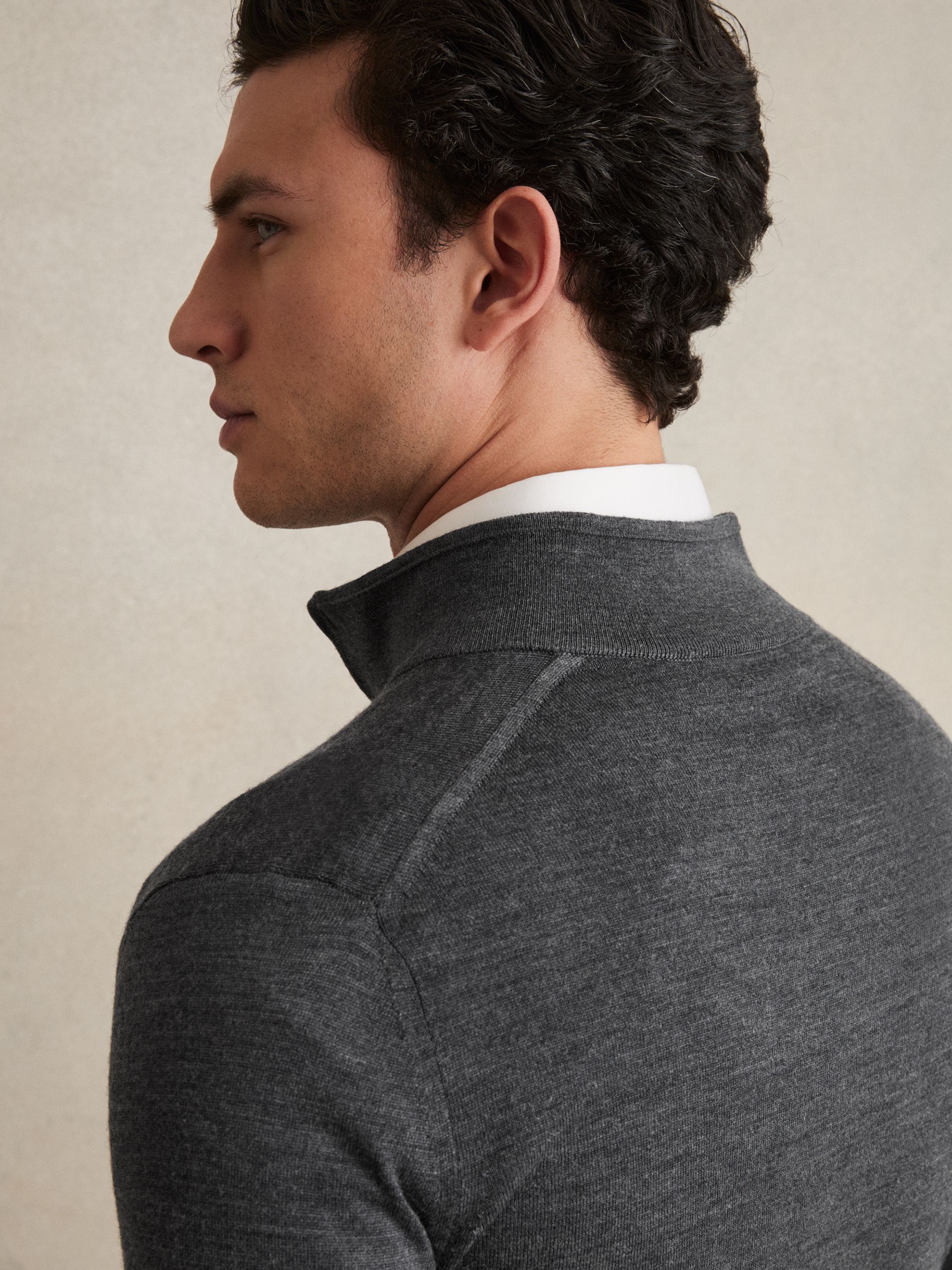 Merino Wool Half-Zip Polo Shirt in Mid Grey Melange - Image 3 of 6