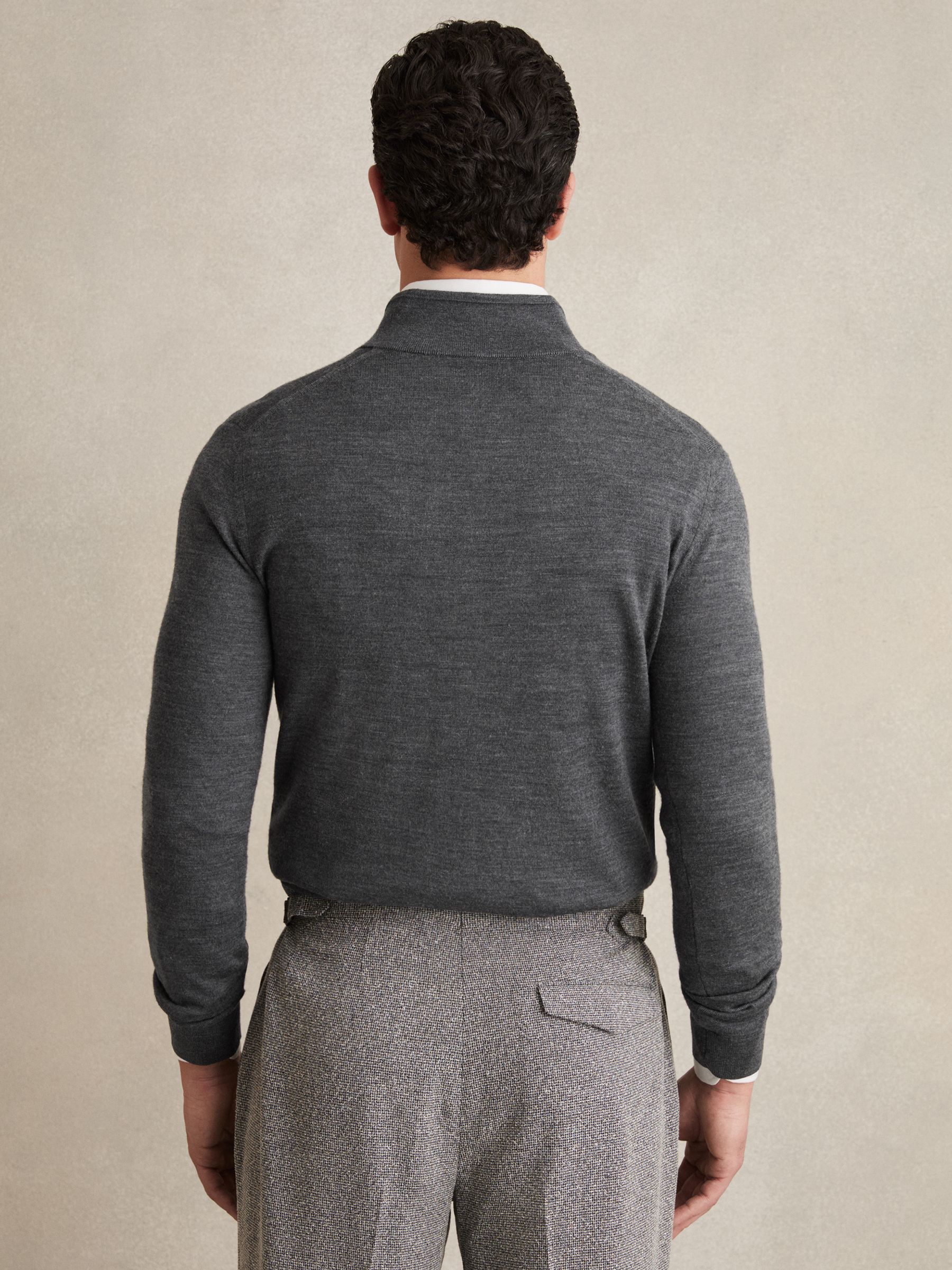 Merino Wool Half-Zip Polo Shirt in Mid Grey Melange - Image 4 of 6