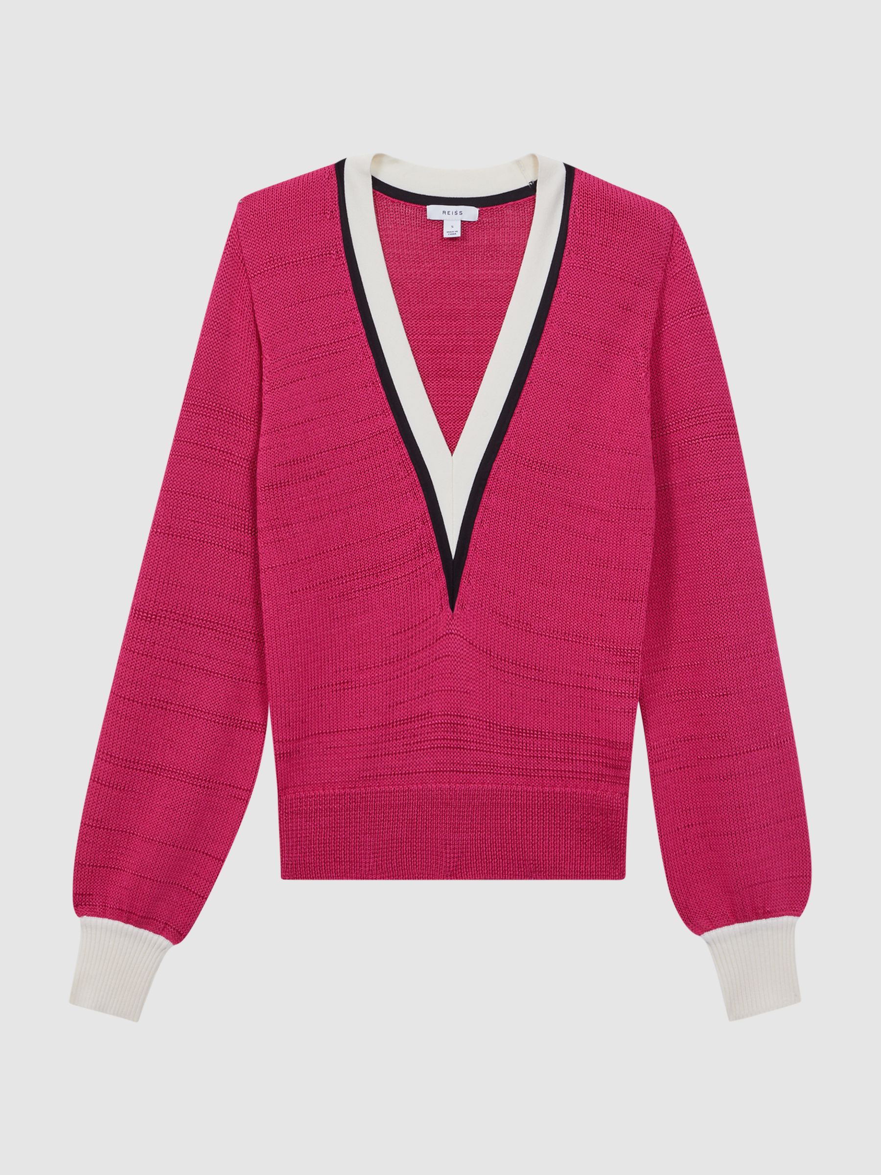 Contrast Trim Knitted Jumper in Pink/Ivory - Image 2 of 6