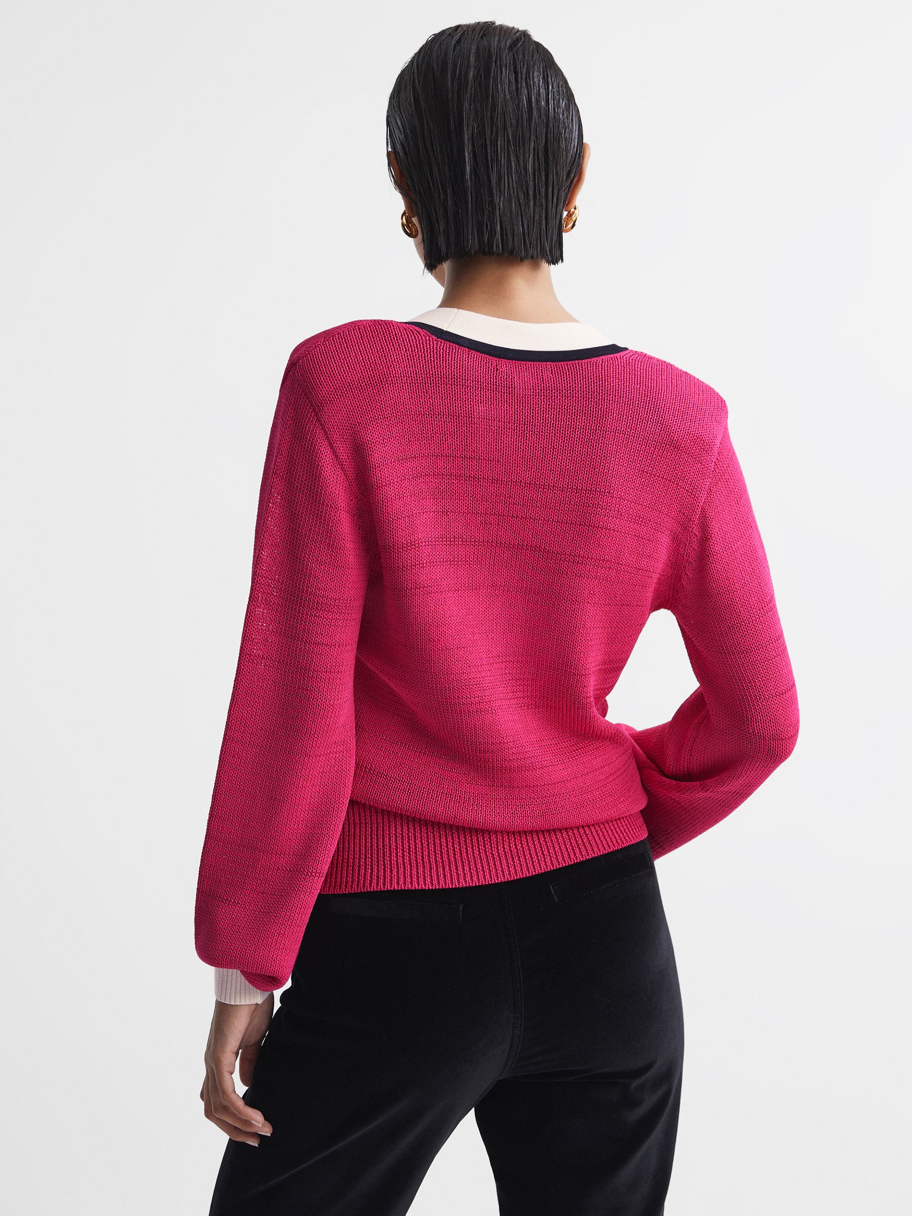 Contrast Trim Knitted Jumper in Pink/Ivory - Image 5 of 6